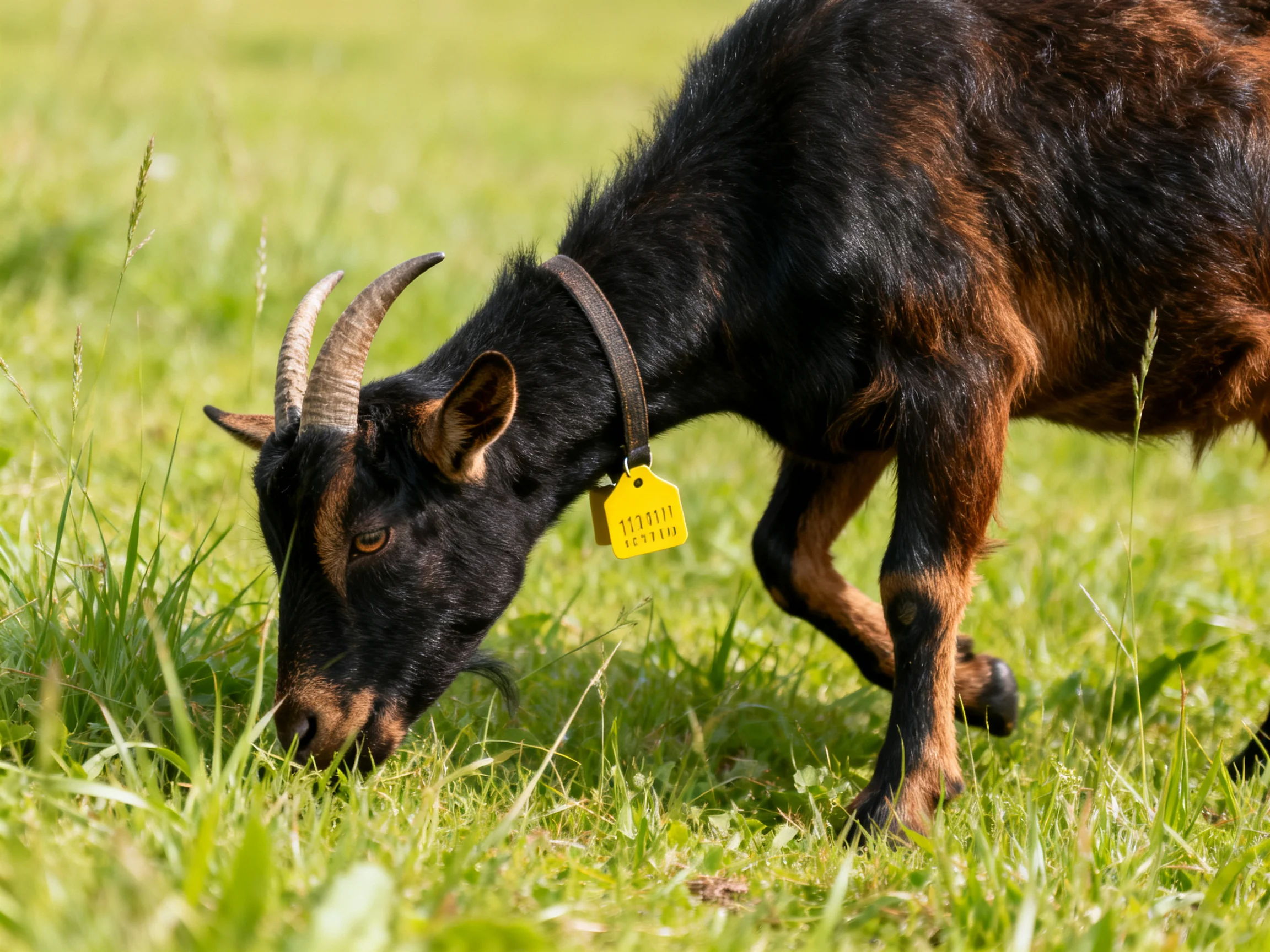 A black and brown goat grazes in lush green grass