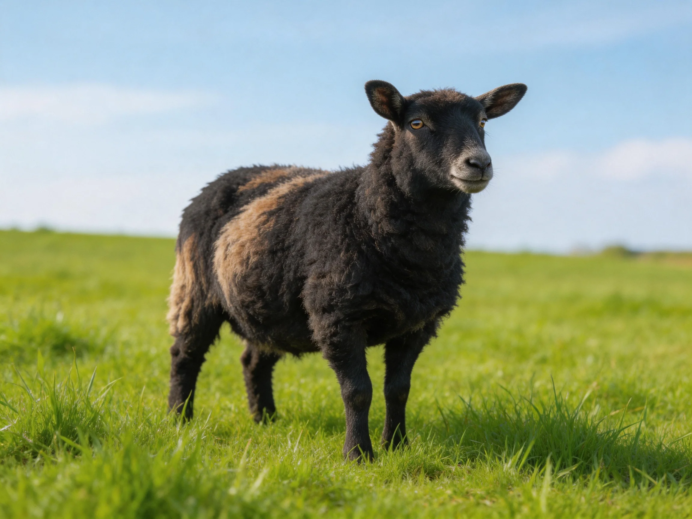 A black and brown sheep in a sunlit green meadow