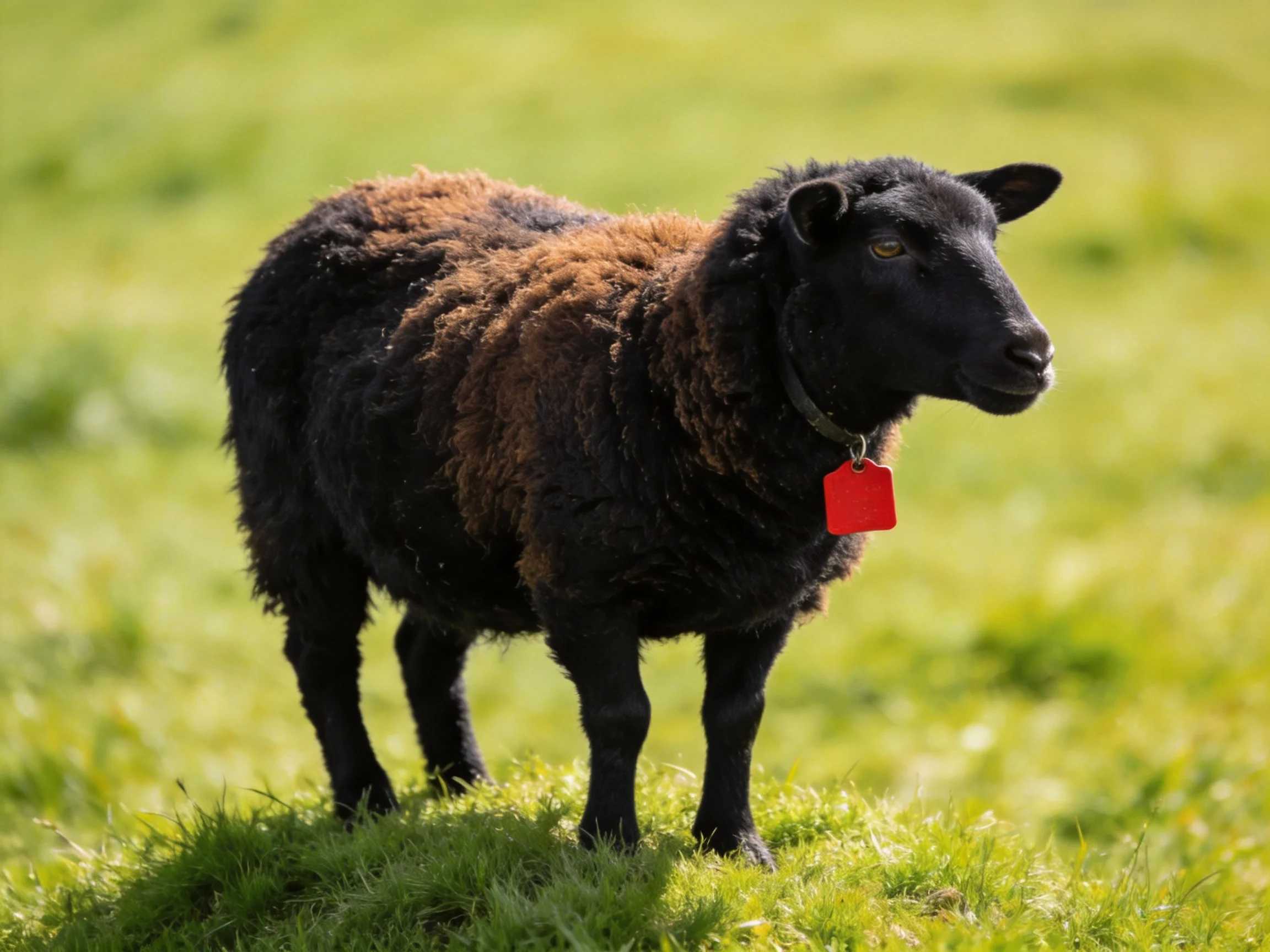 A black and brown sheep stands in a sunlit green meadow.