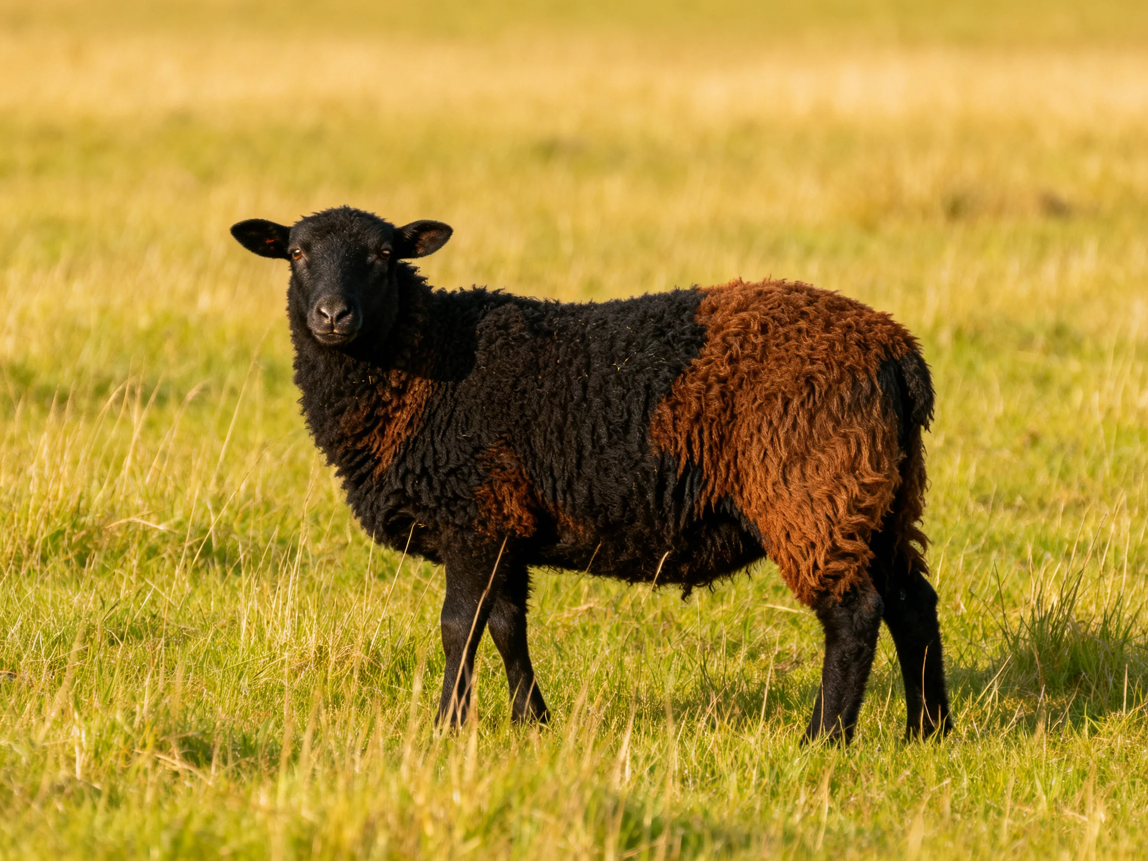A black and brown sheep stands alone in a sunlit grassy field.