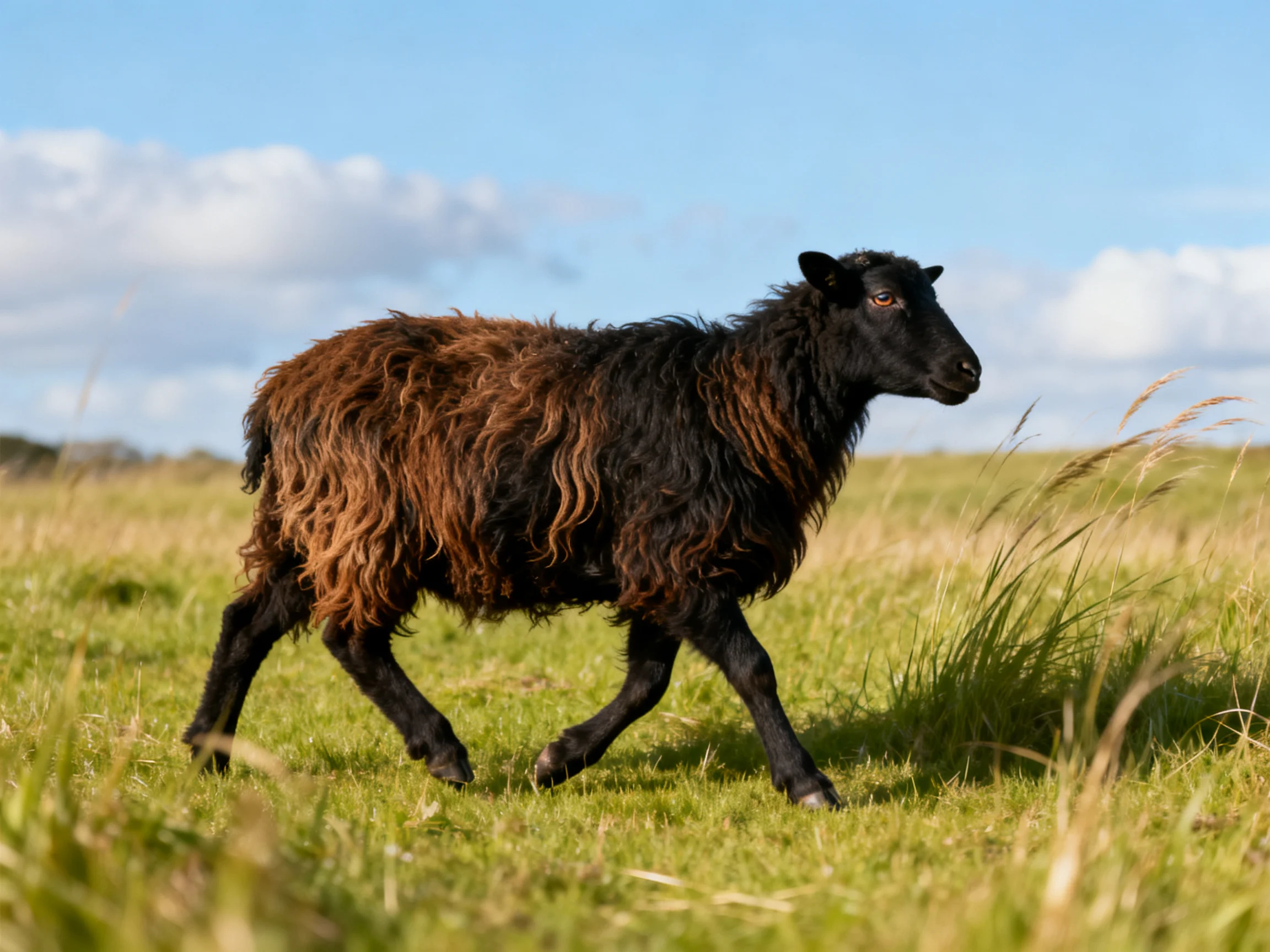 A black and brown sheep walks through a sunlit green meadow