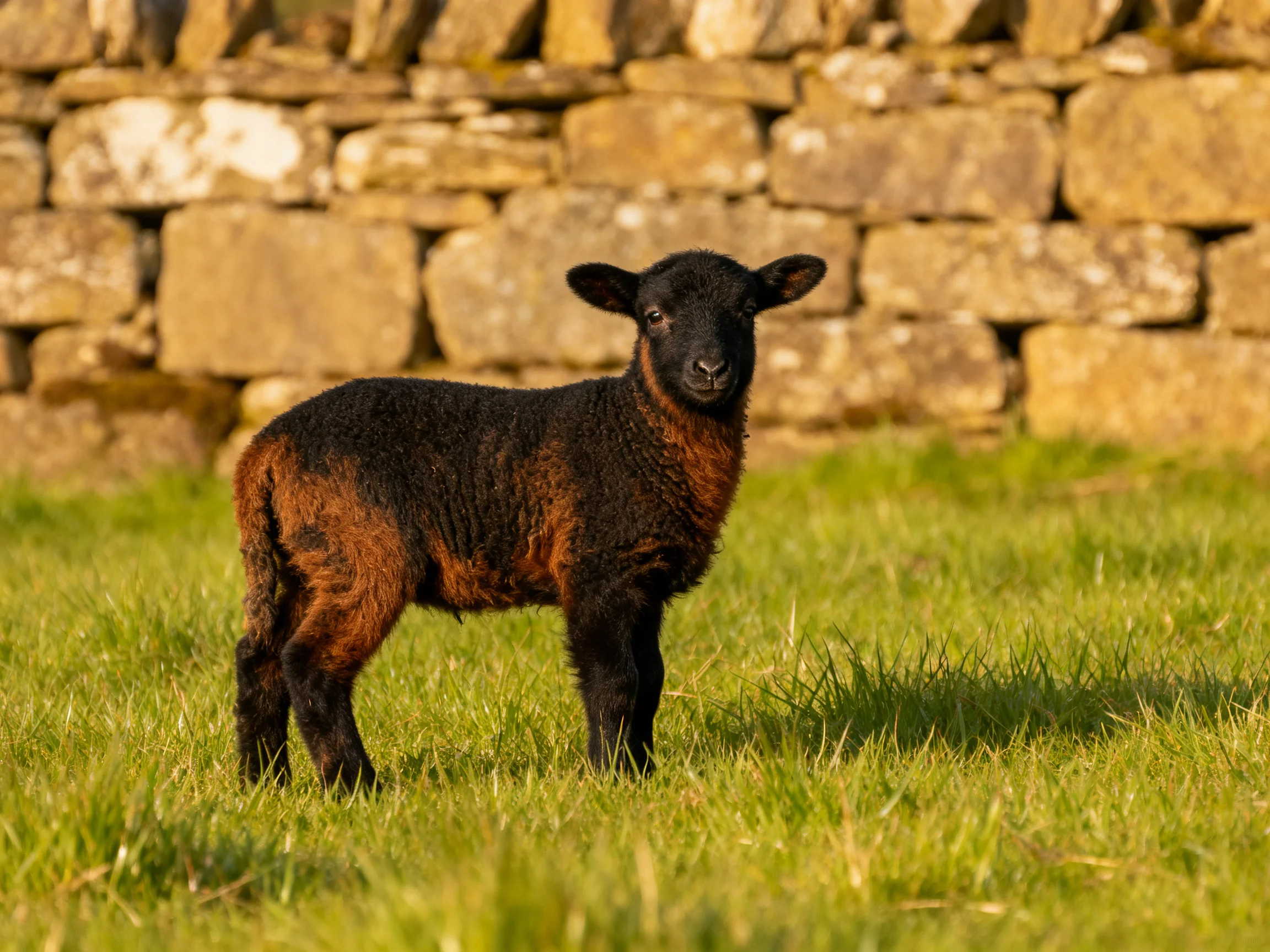 A young black and rust-colored lamb stands in green grass beside a stone wall.