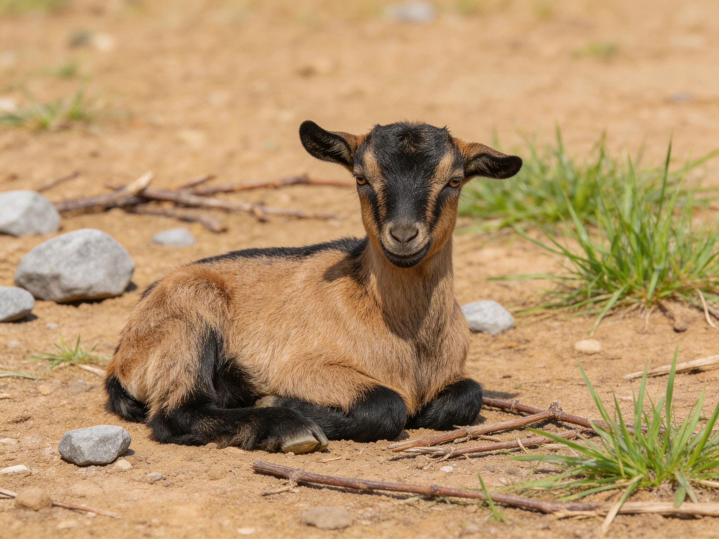 A black and tan baby goat resting on sandy ground near rocks