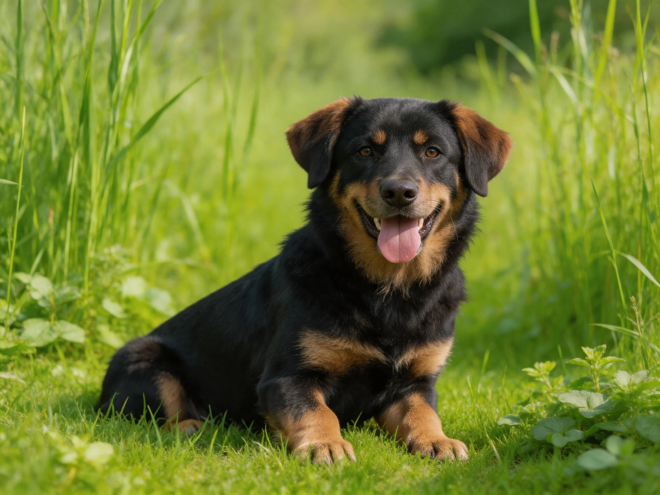 A black and tan dog resting in lush green grass