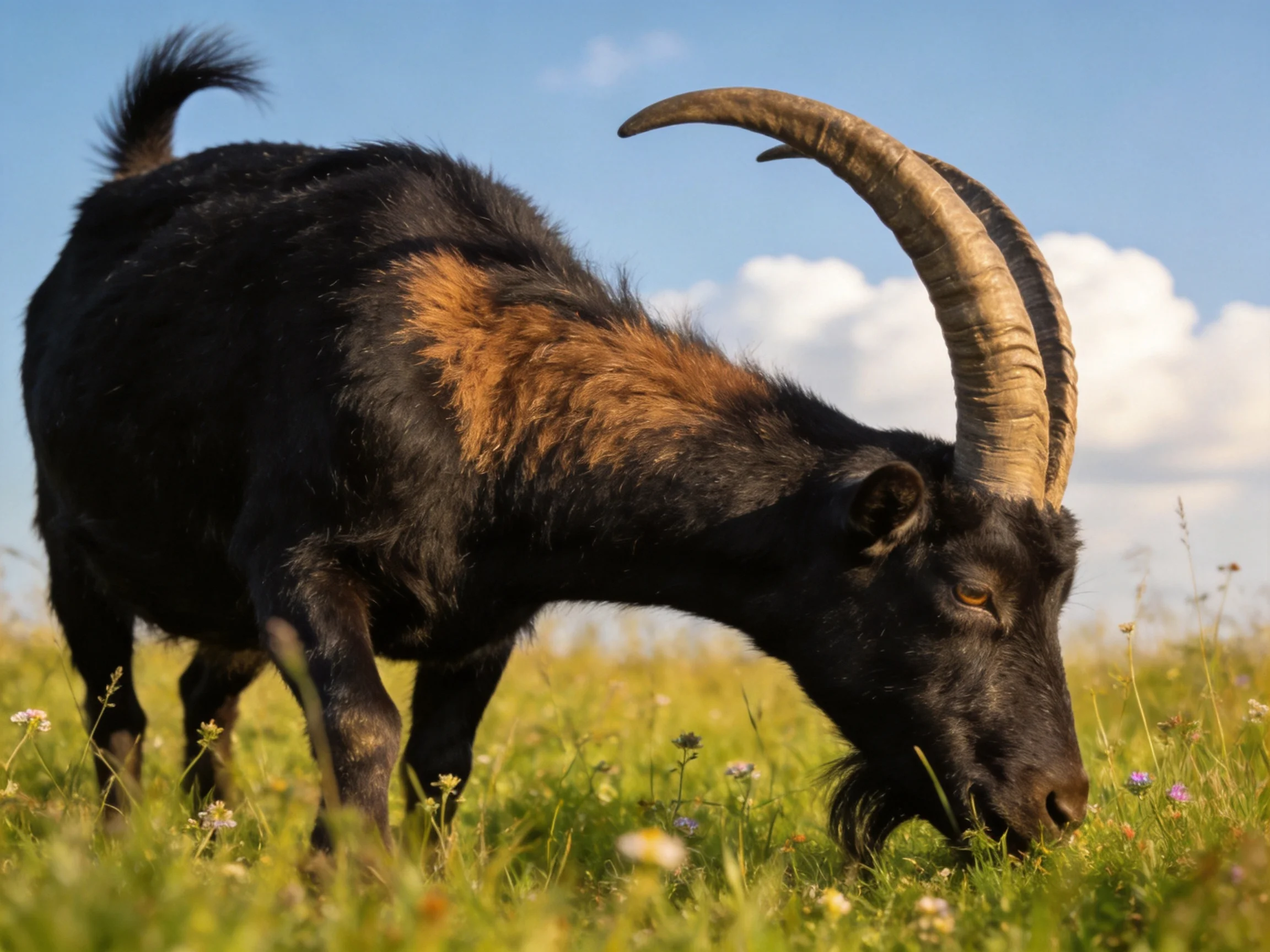 A black and tan goat grazes in a flower-filled meadow under bright blue skies