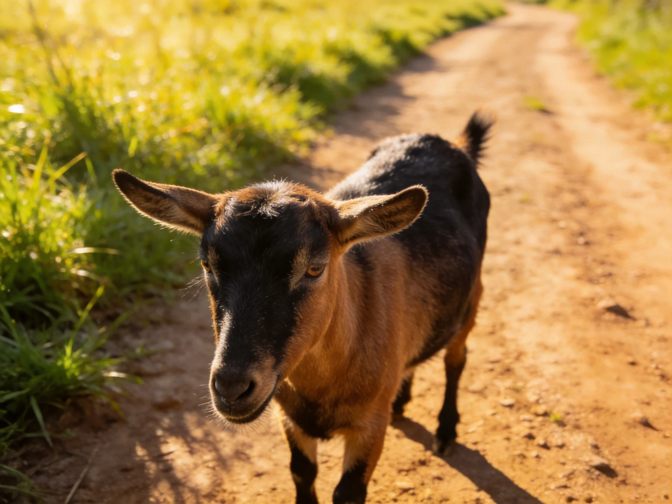 A black-and-tan goat on a sunlit dirt path