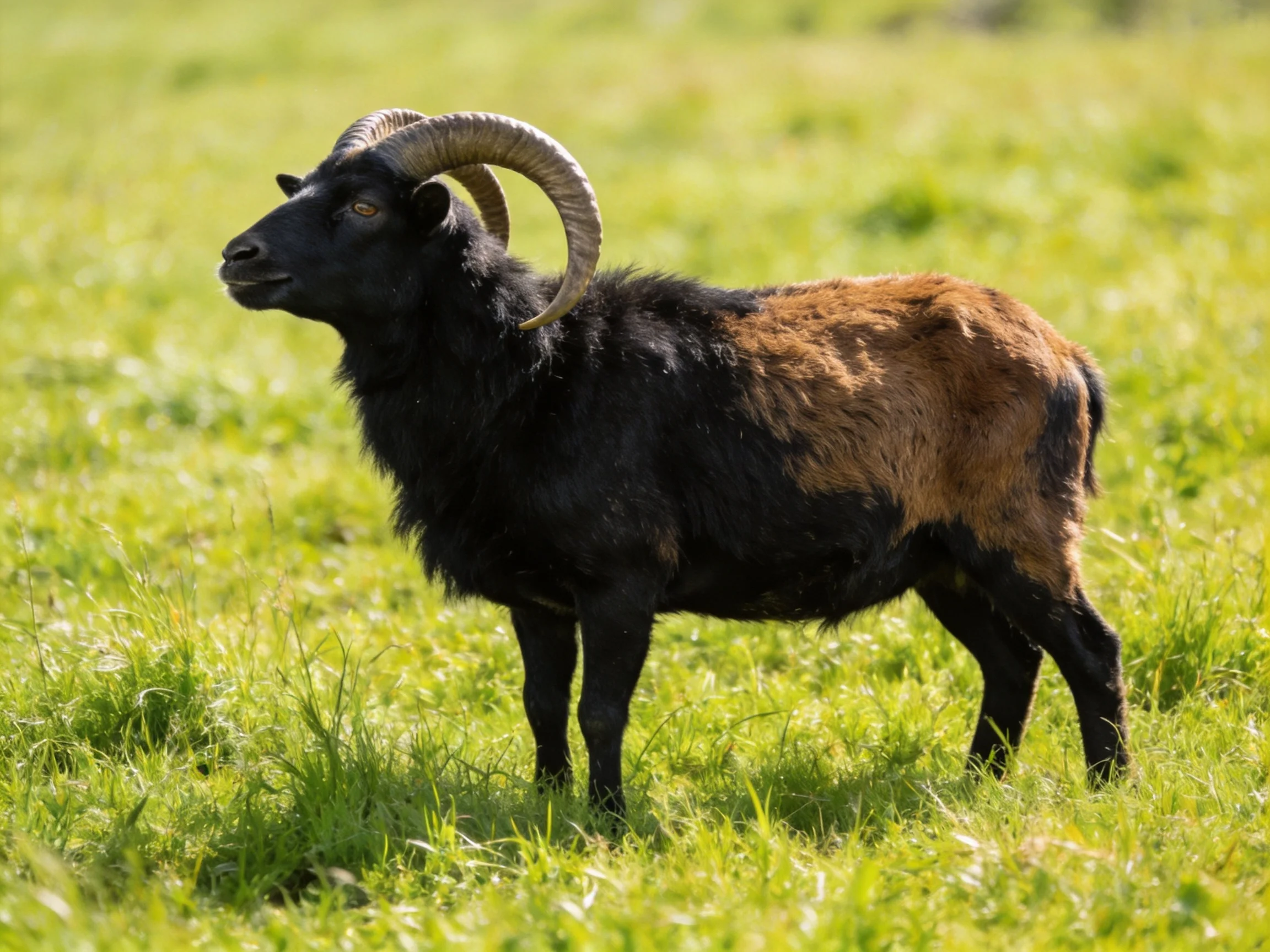 A black and tan ram with curved horns stands in lush green grass