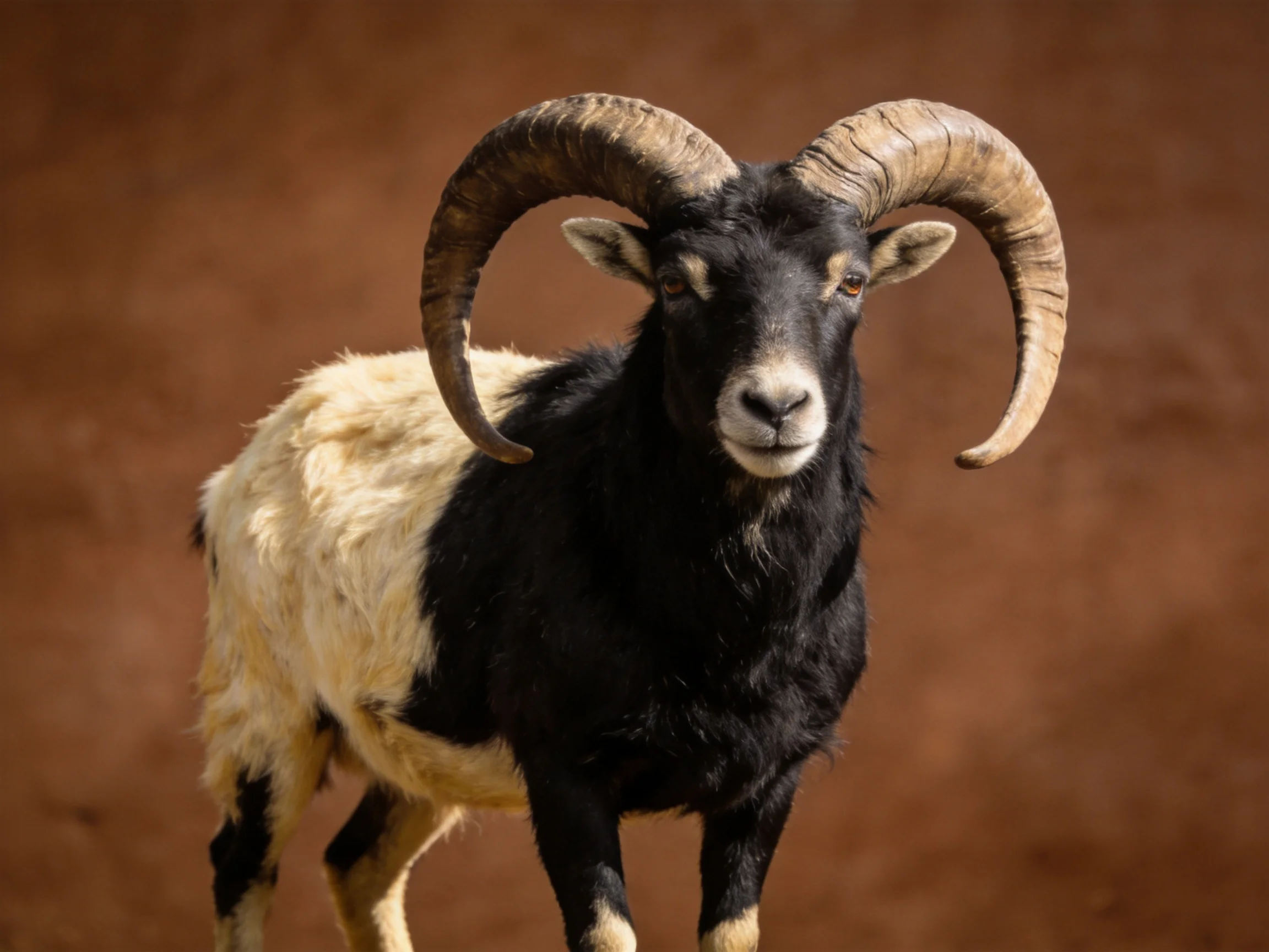 A black-and-tan ram with large curved horns on a brown backdrop