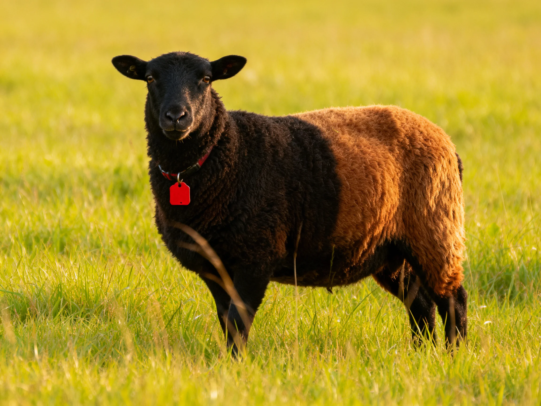 A black and tan sheep stands in a sunlit green pasture