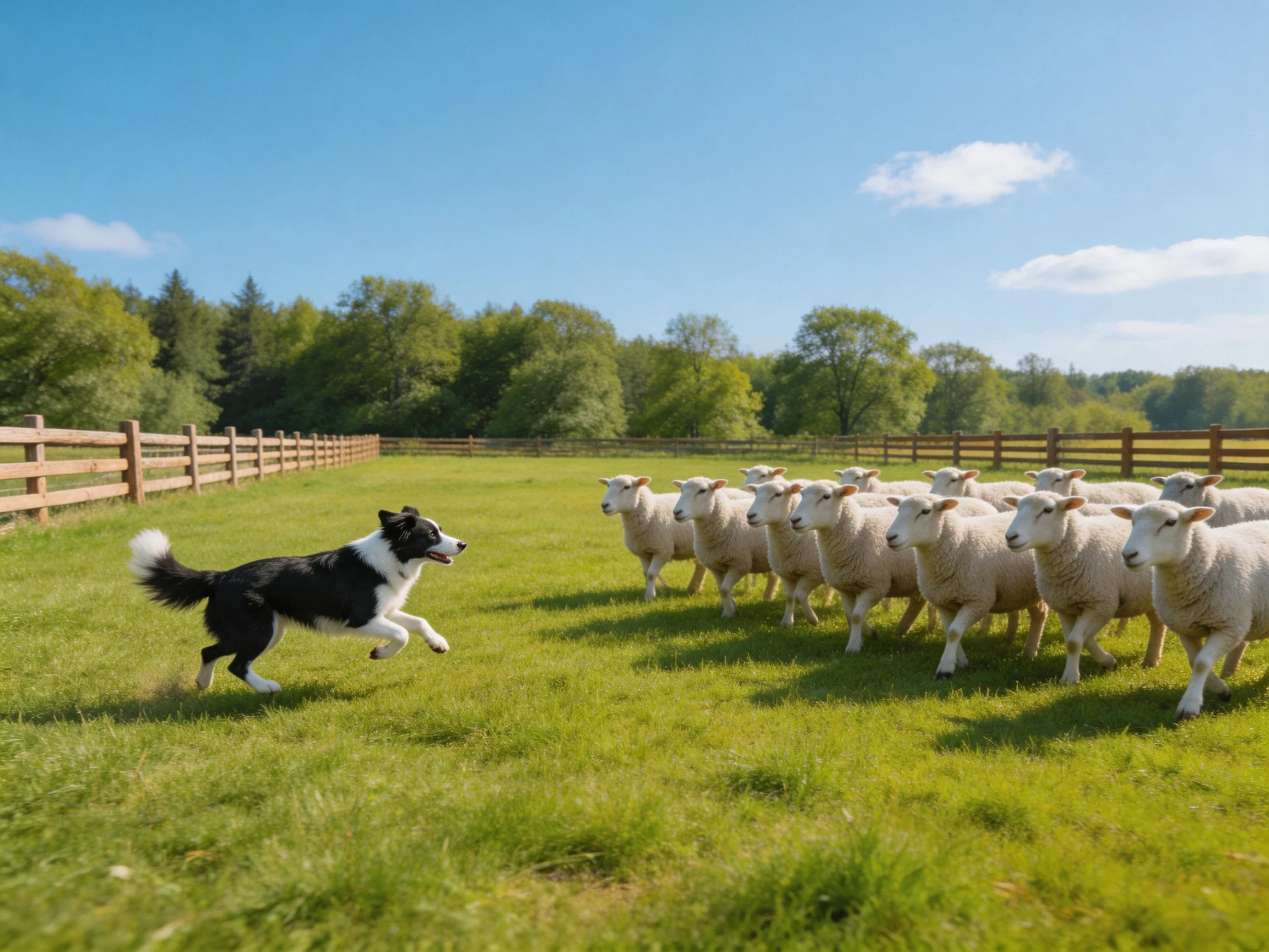 A black and white Border Collie herding sheep in a sunny pasture