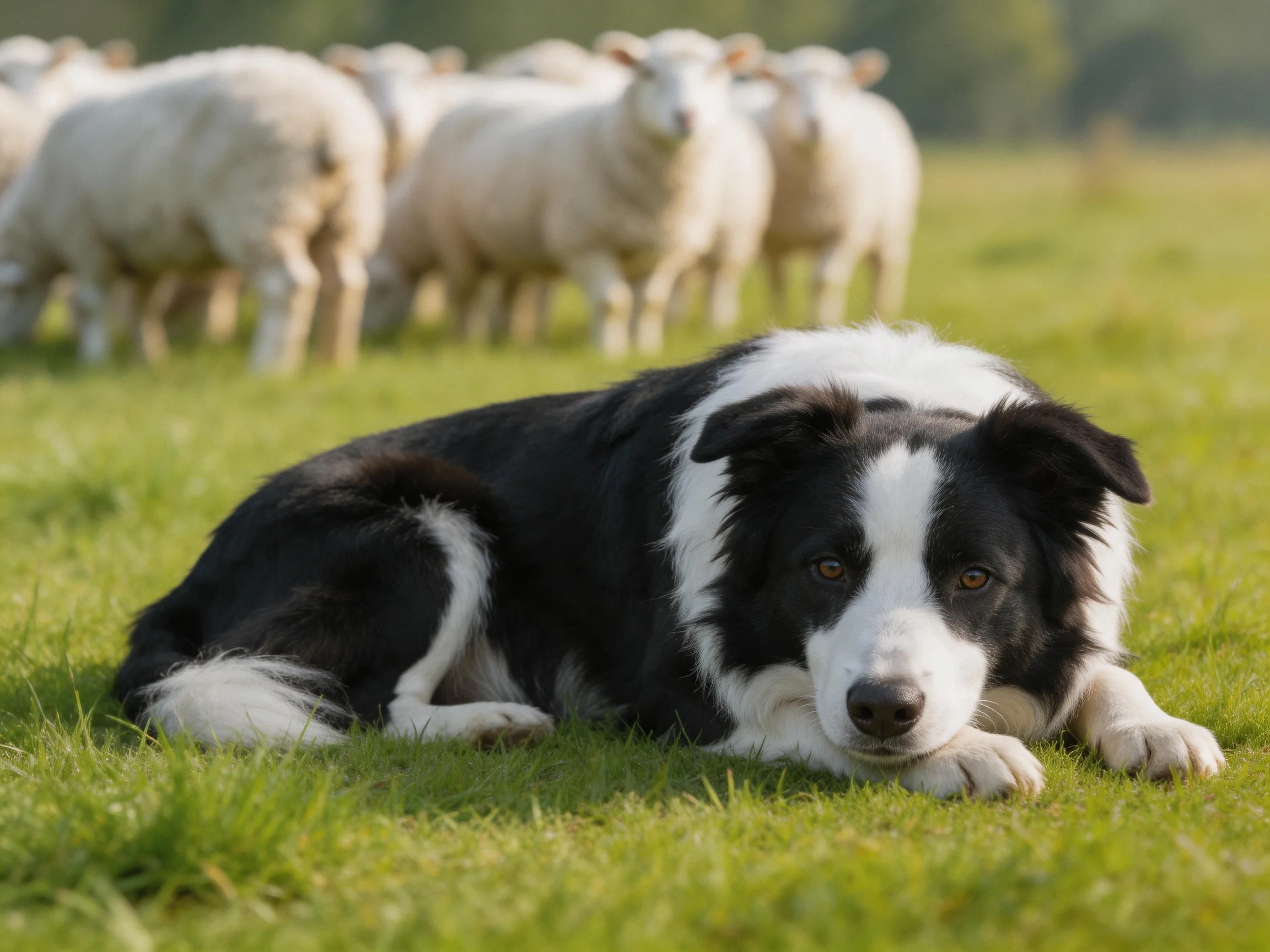 A black and white Border Collie resting near sheep in a green pasture