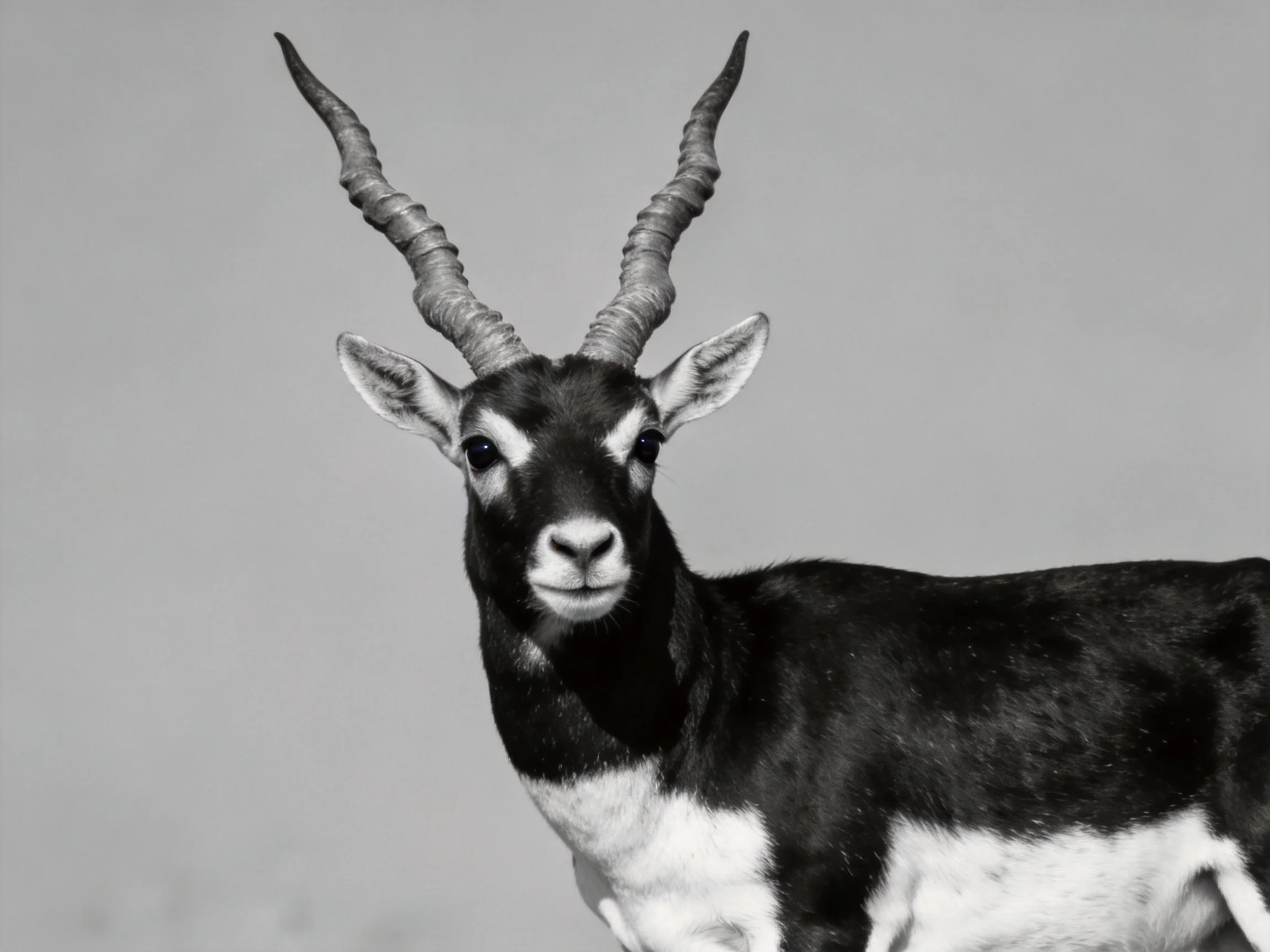 A black-and-white antelope with large curved horns