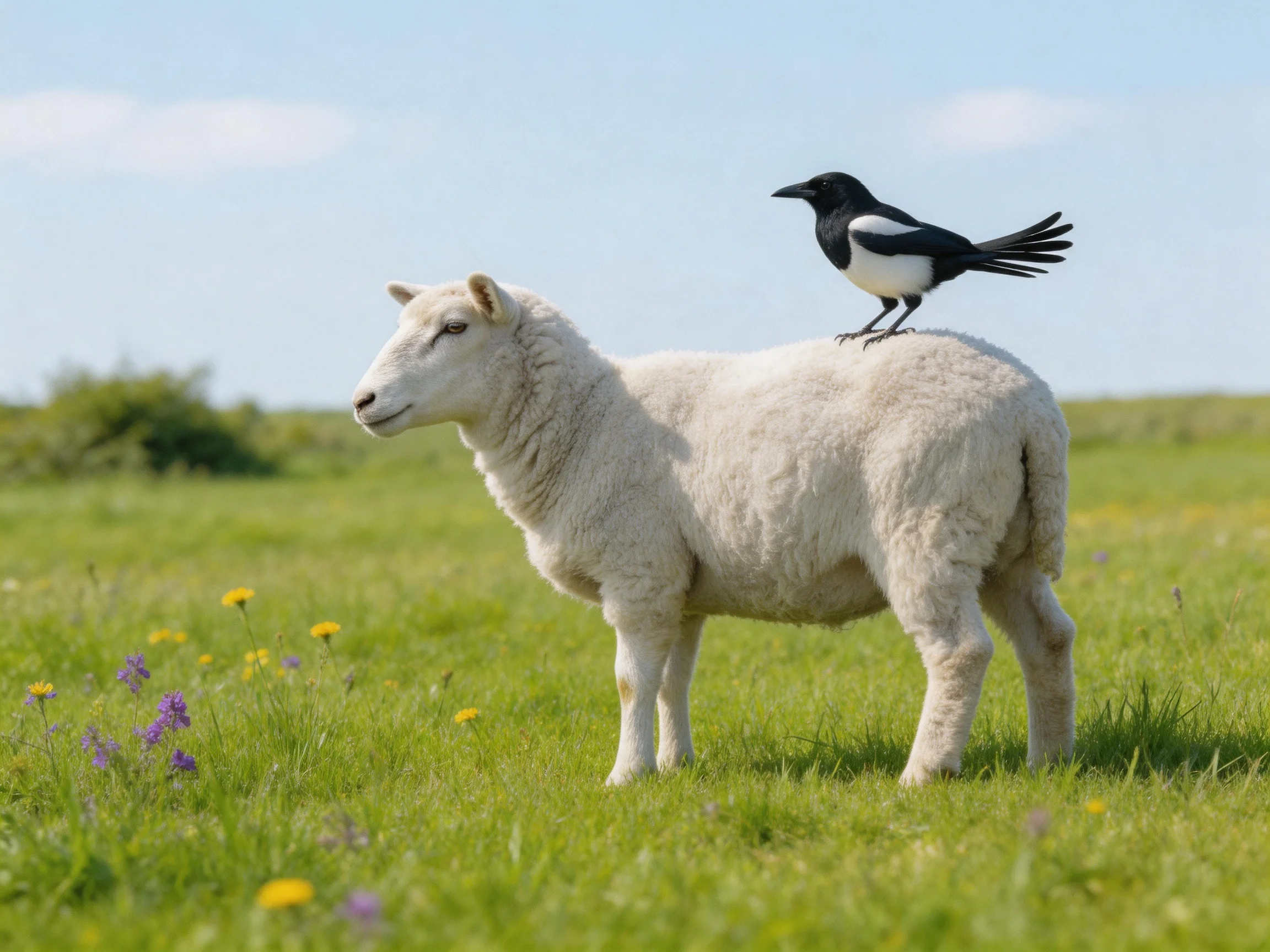 A black-and-white bird perches on a white lamb in a lush green meadow