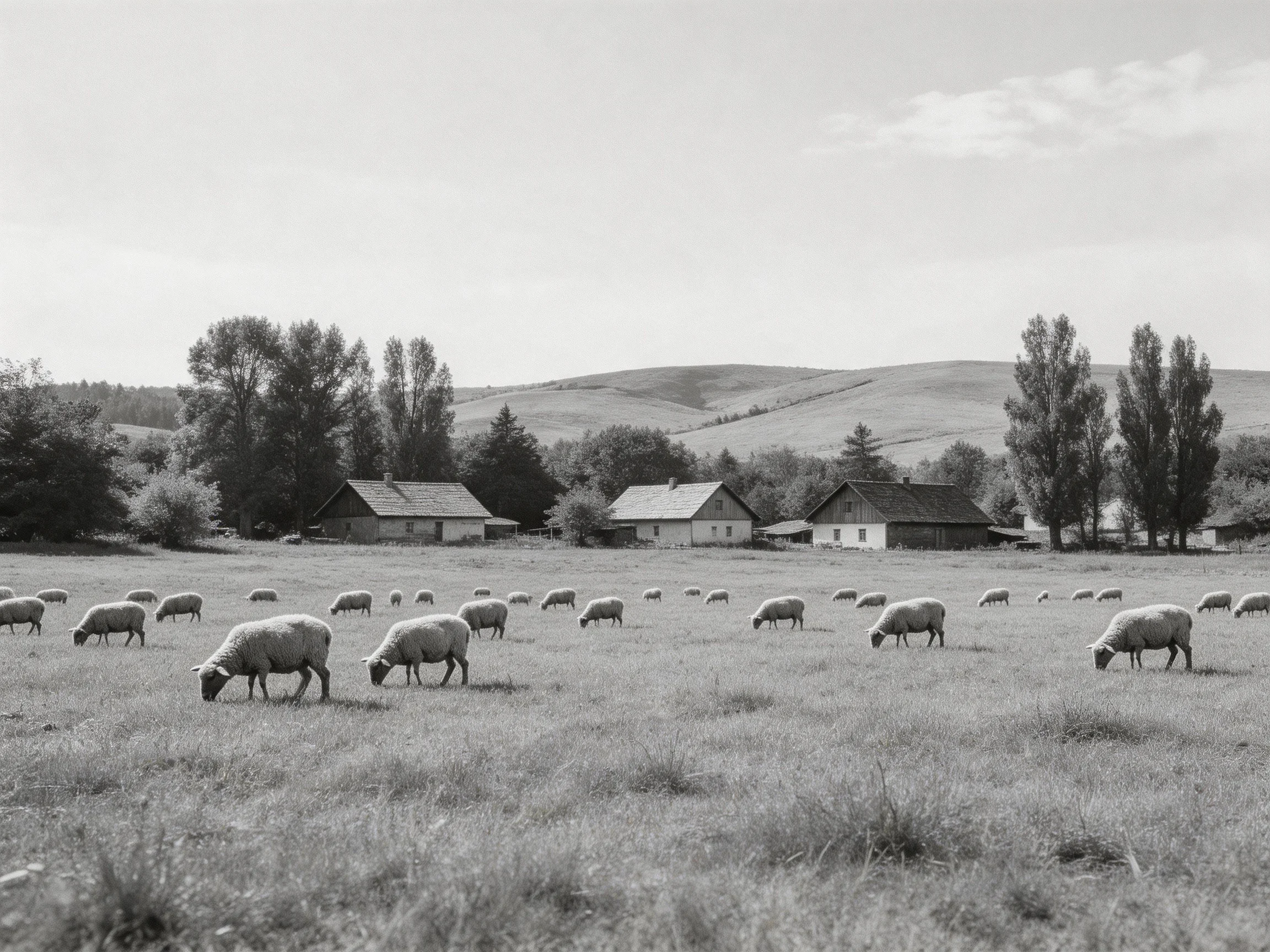 A black - and - white countryside scene with numerous sheep near farmhouses