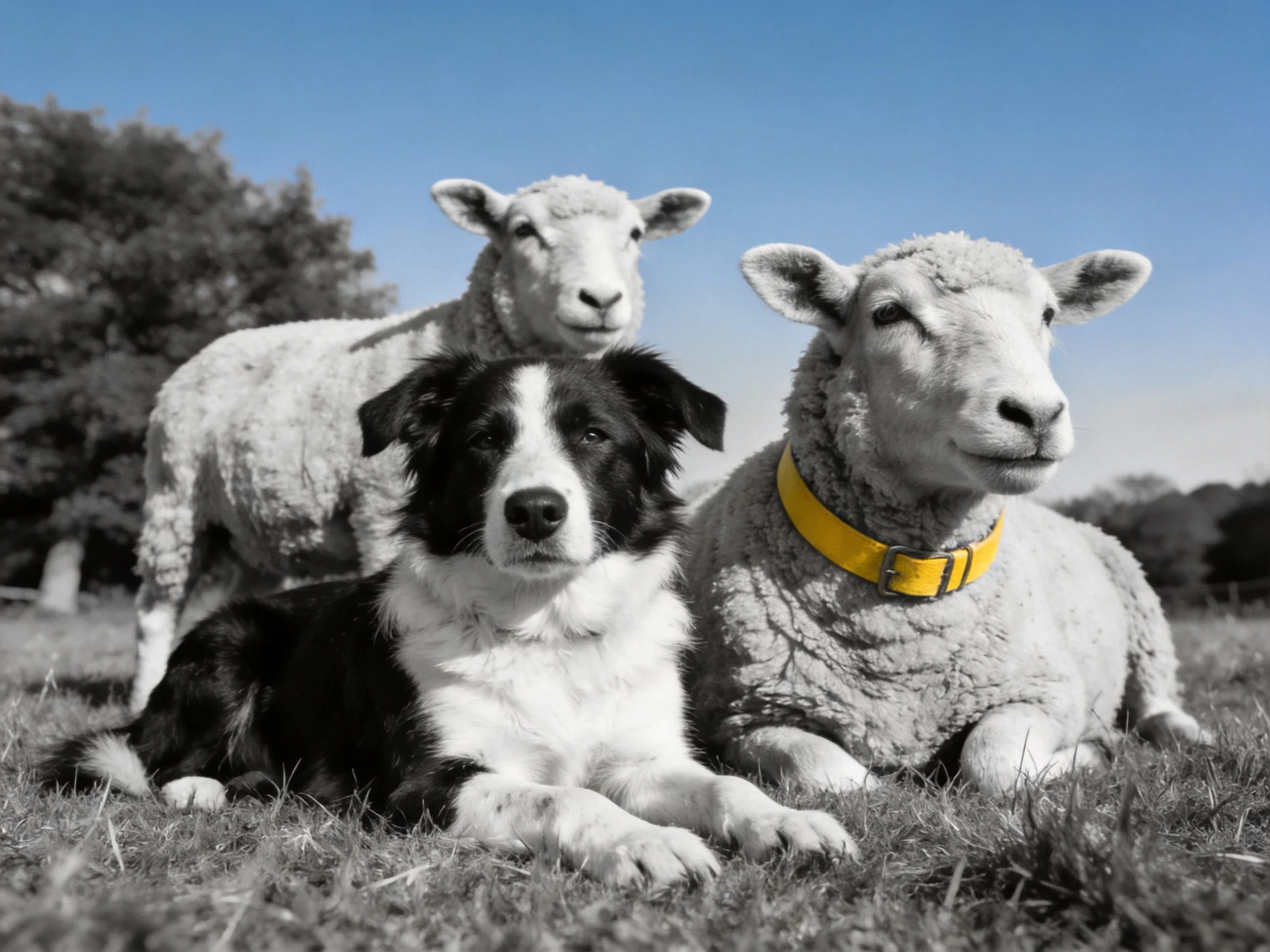 A black - and - white dog rests next to two sheep, one with a yellow collar