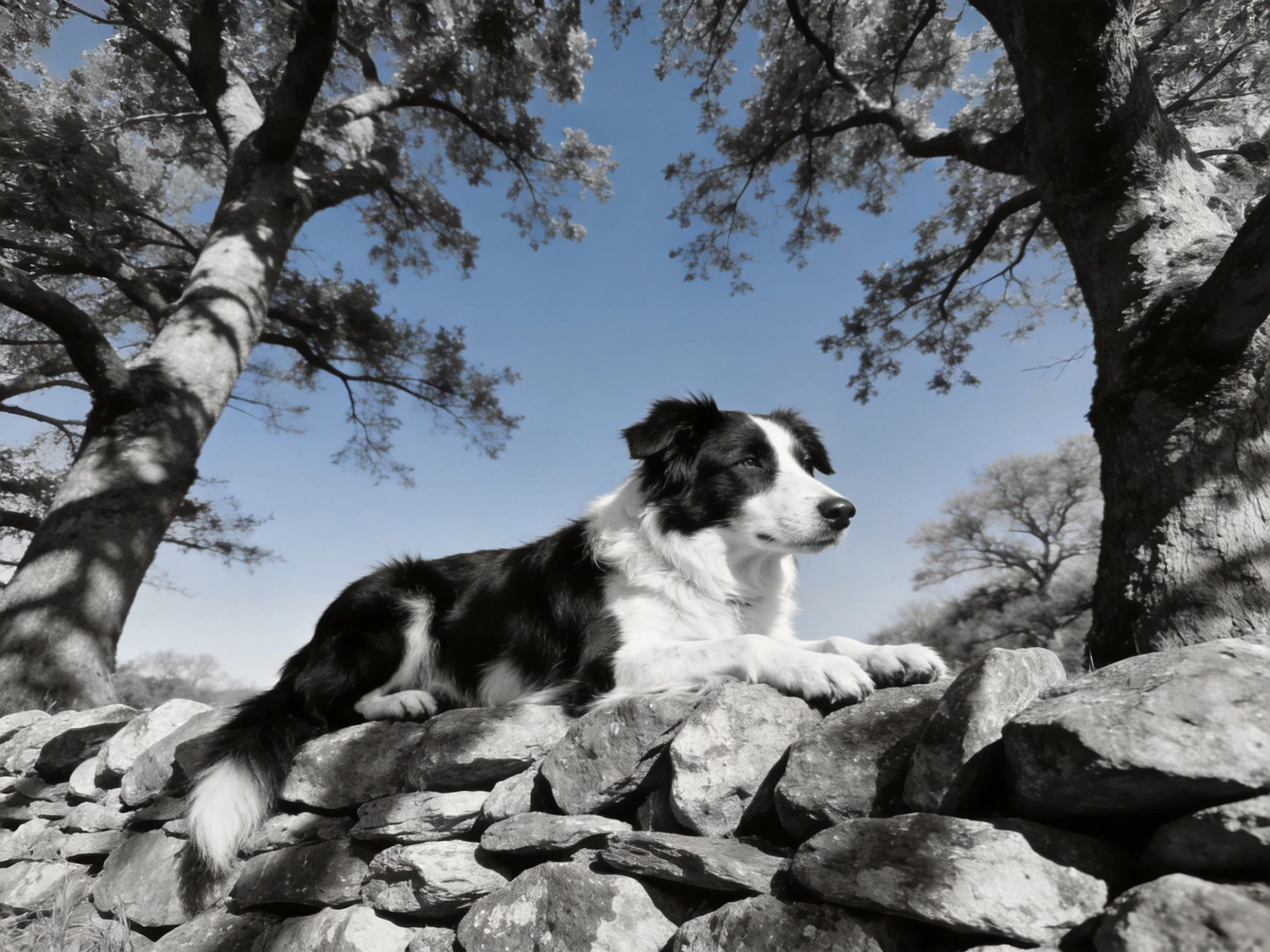 A black and white dog rests on a stone wall amid tall trees