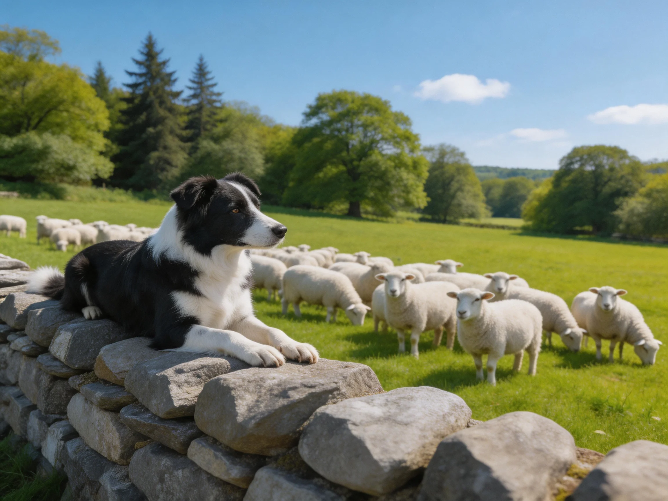 A black and white dog rests on a stone wall near grazing sheep