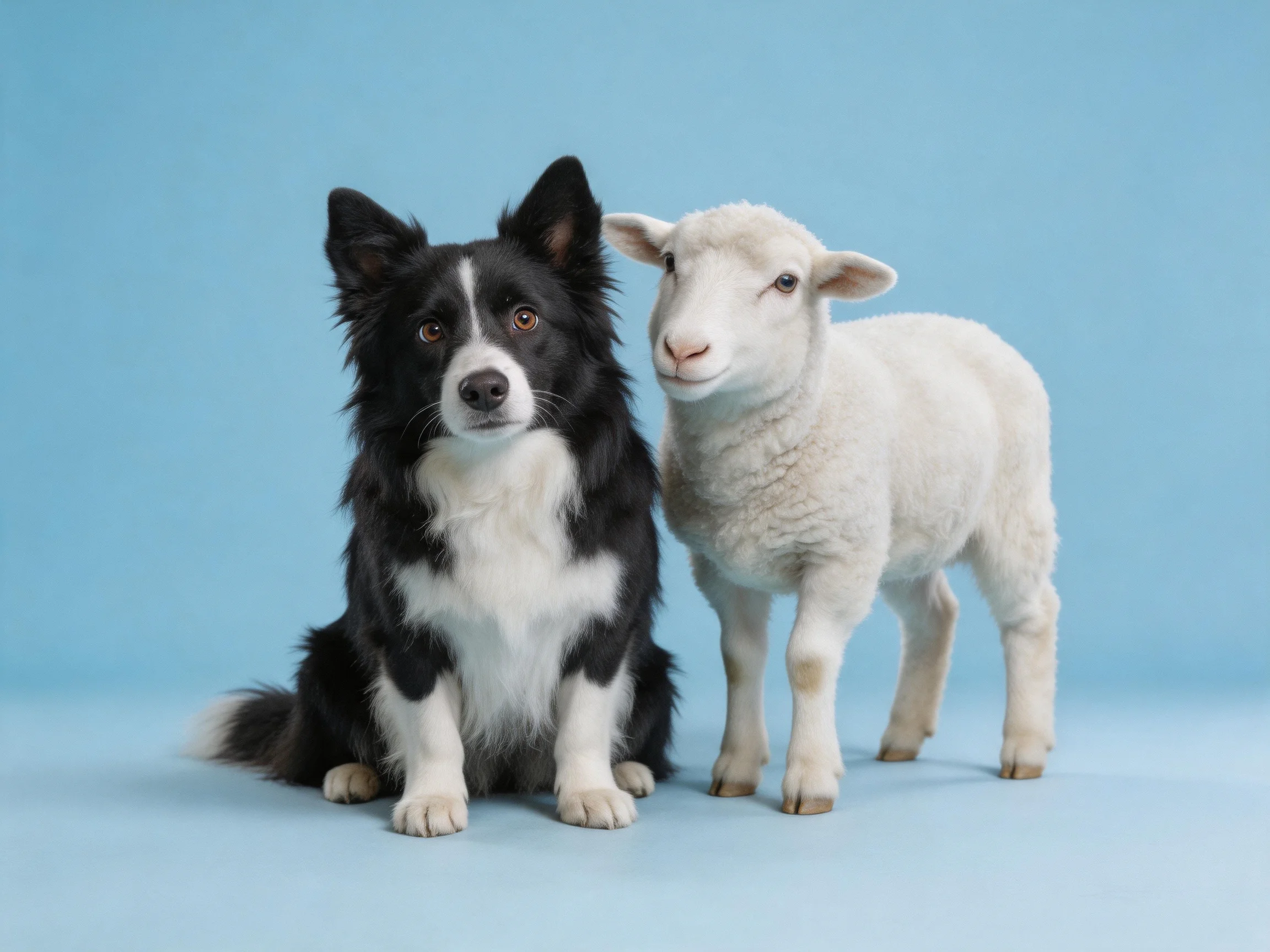 A black and white dog sits beside a white lamb on a blue surface