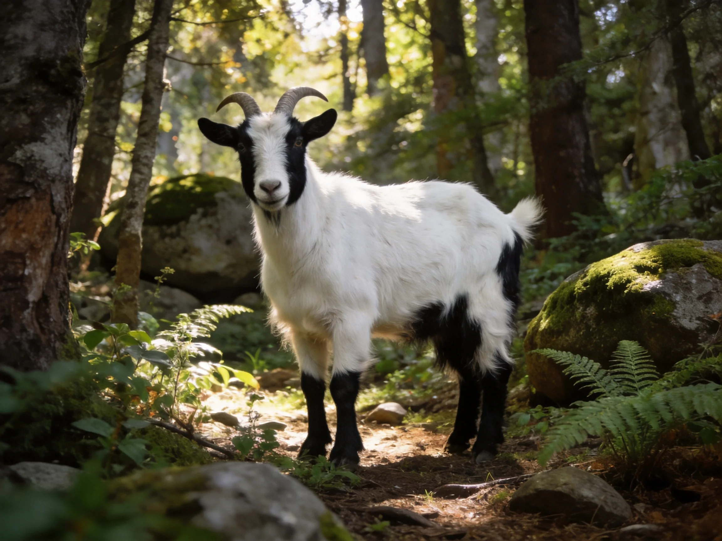 A black-and-white goat amidst mossy rocks in a sunlit forest