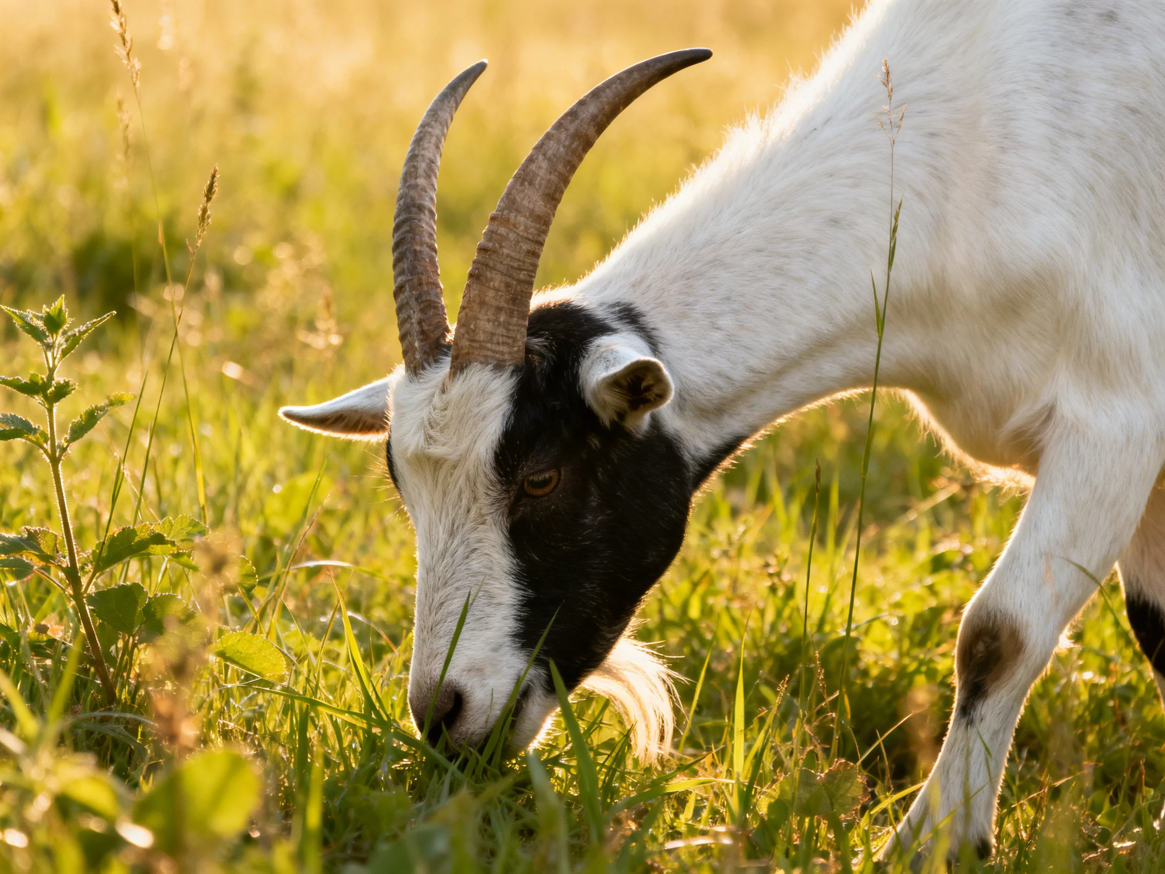 A black-and-white goat grazes in sunlit grassy meadows
