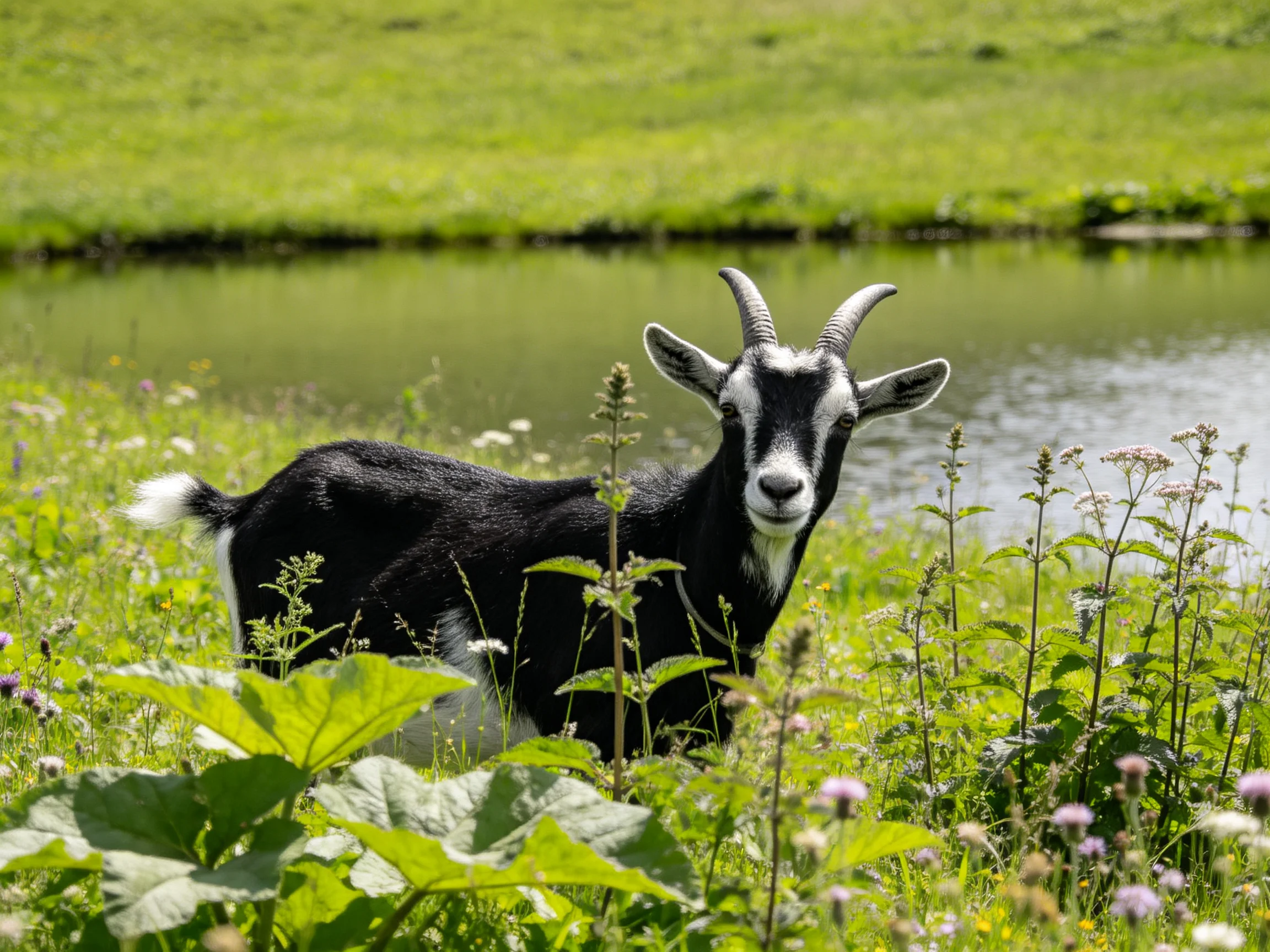A black-and-white goat in a lush green meadow by a pond