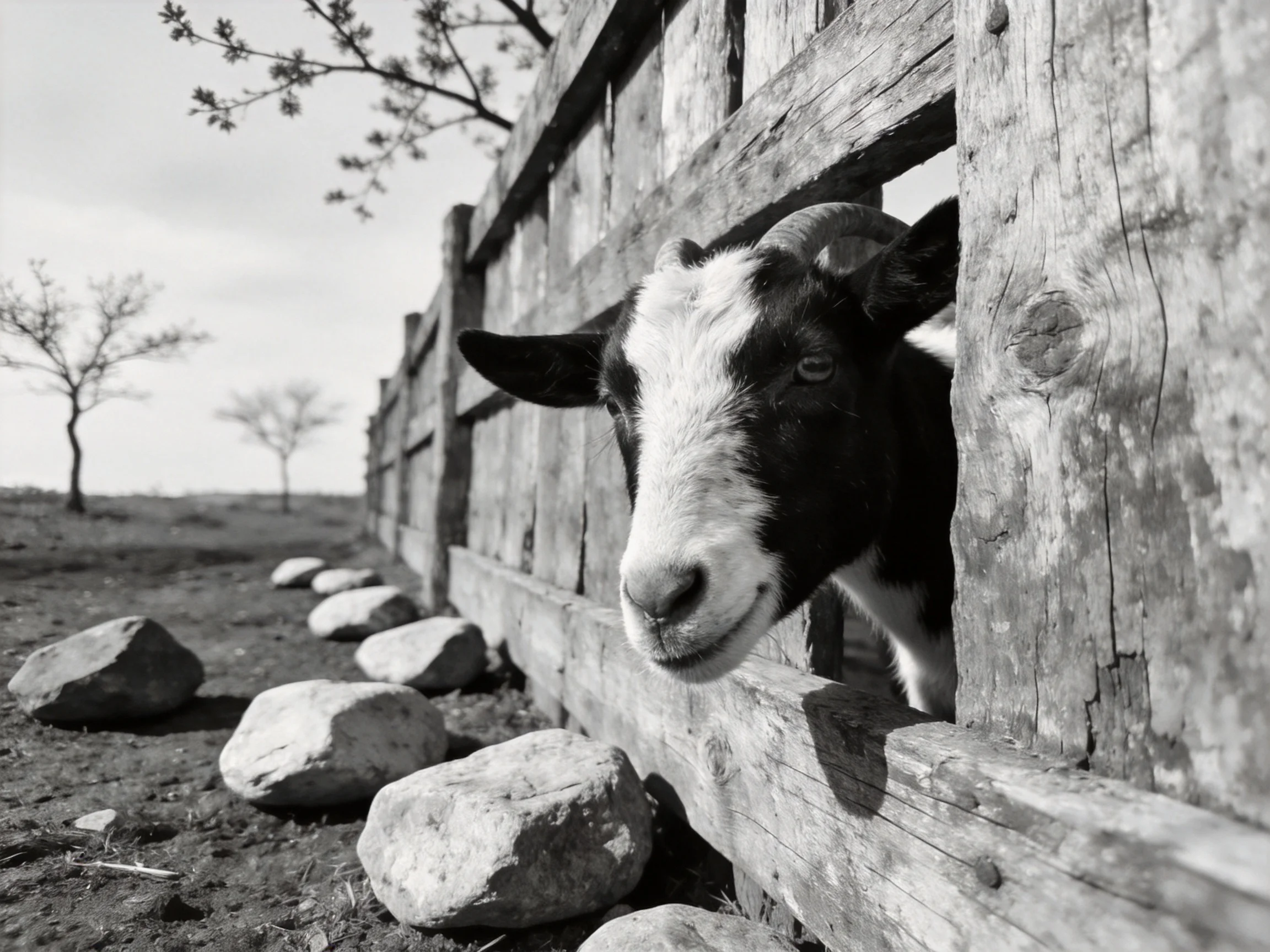 A black and white goat peers through an aged wooden fence near scattered rocks
