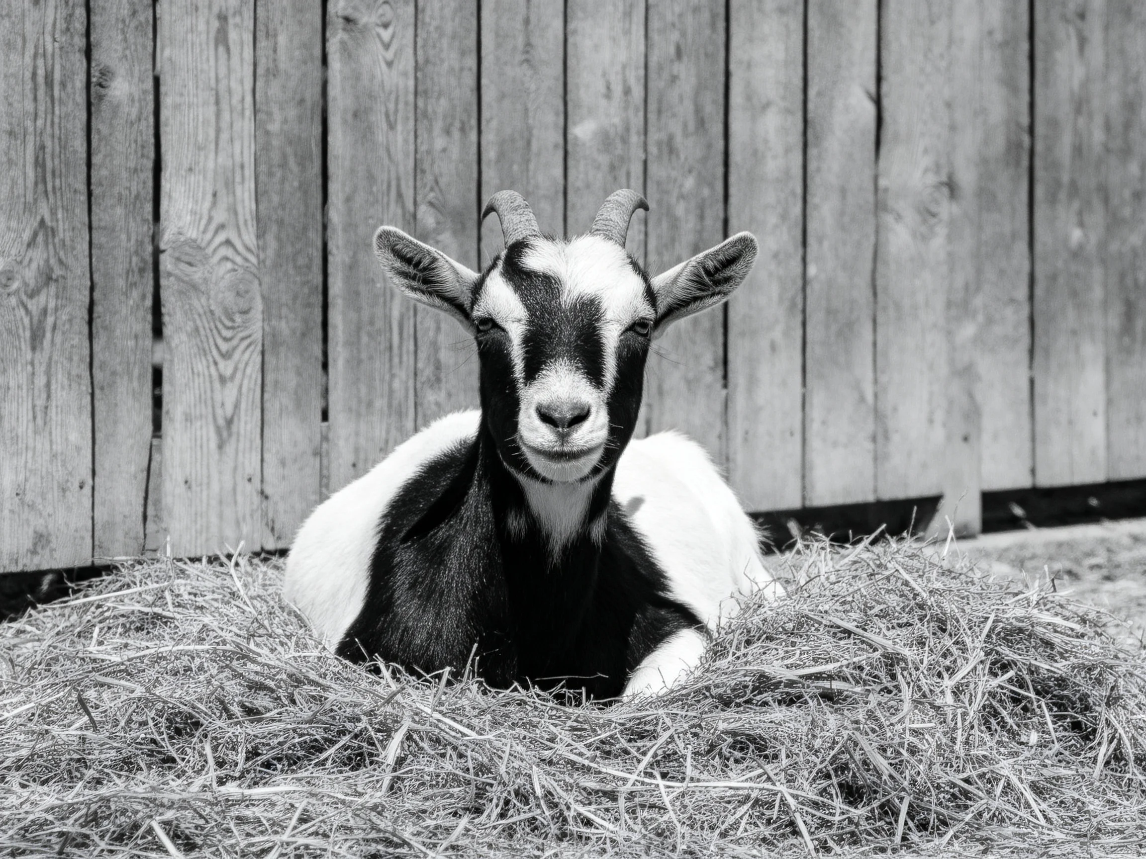 A black - and - white goat resting in hay near a wooden fence