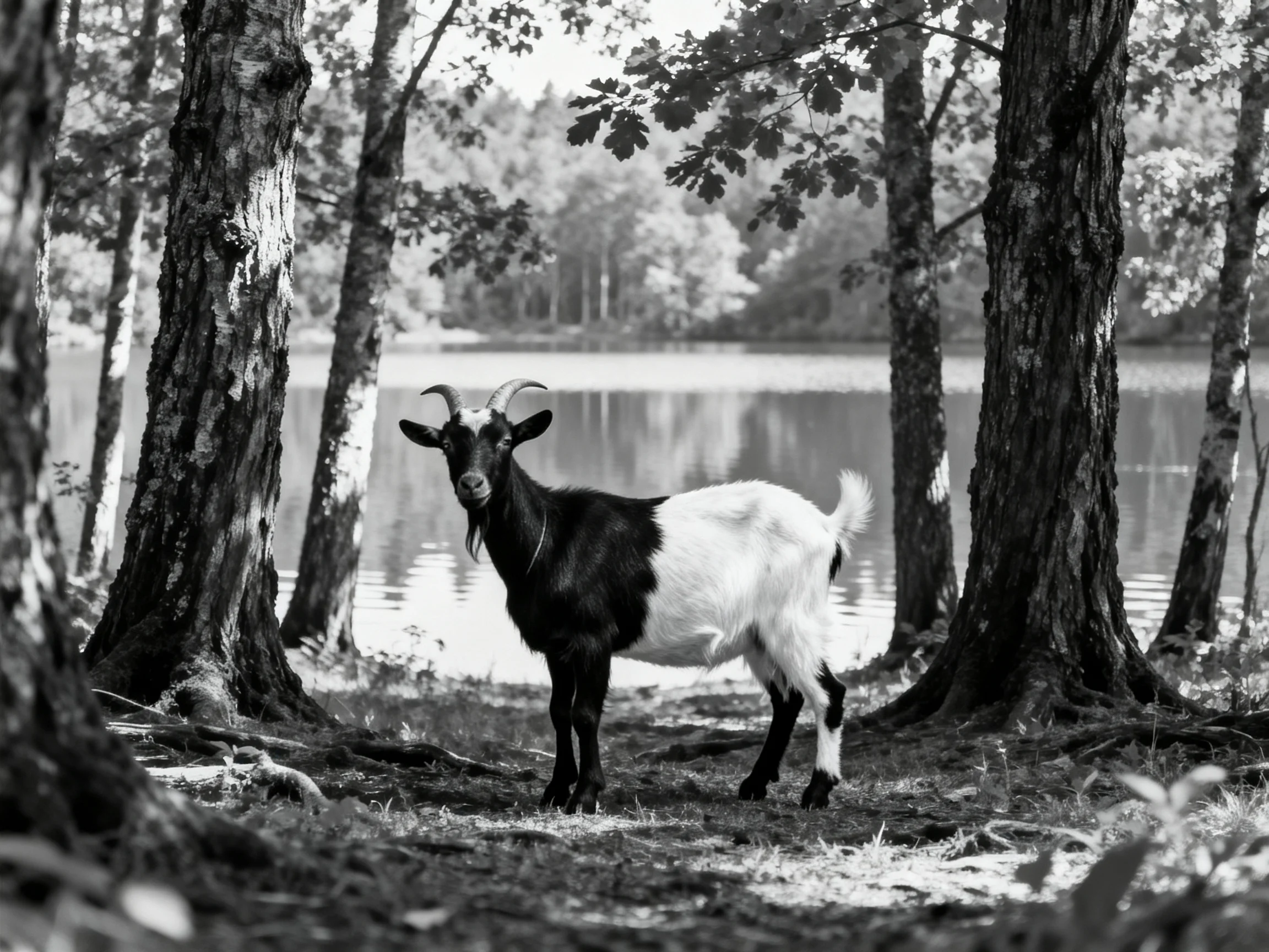 A black and white goat stands amid tall forest trees near a calm lake