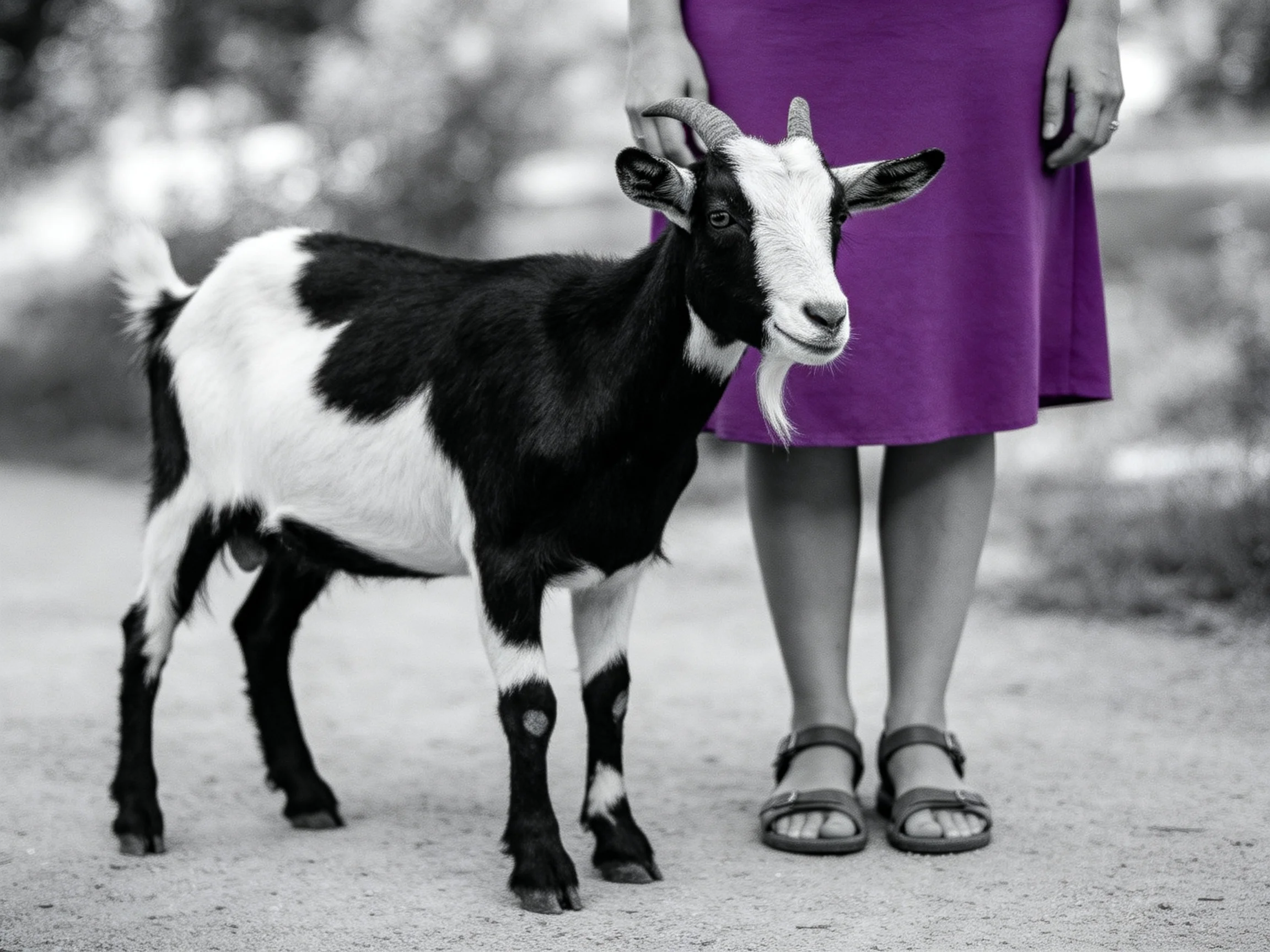 A black - and - white goat stands beside a person in a purple dress