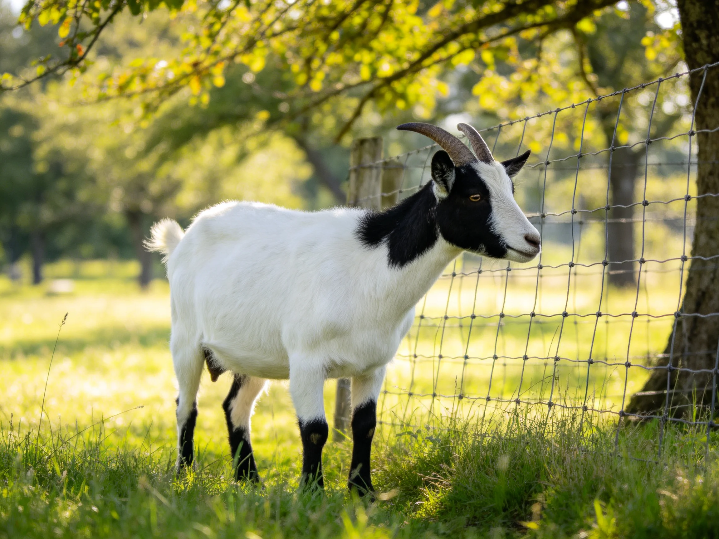 A black - and - white goat stands by a wire fence in a sunlit field