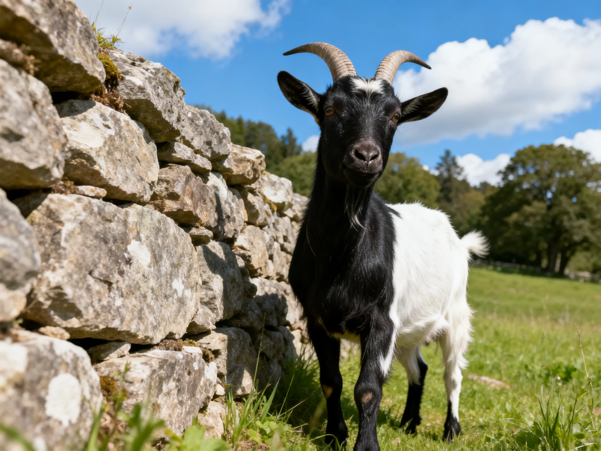 A black - and - white goat stands near an old stone wall under bright blue skies