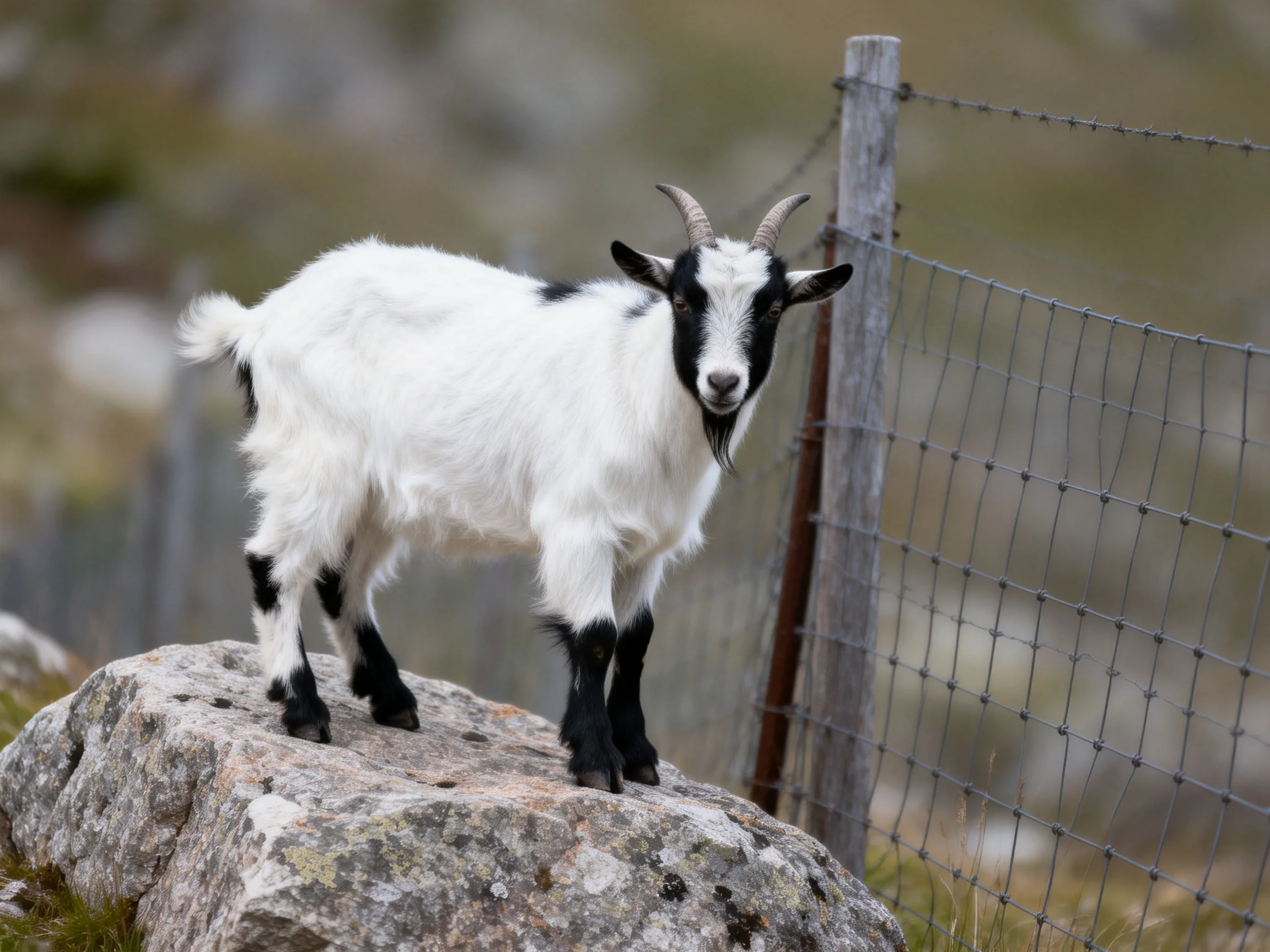 A black - and - white goat stands on a large rock near a wire fence