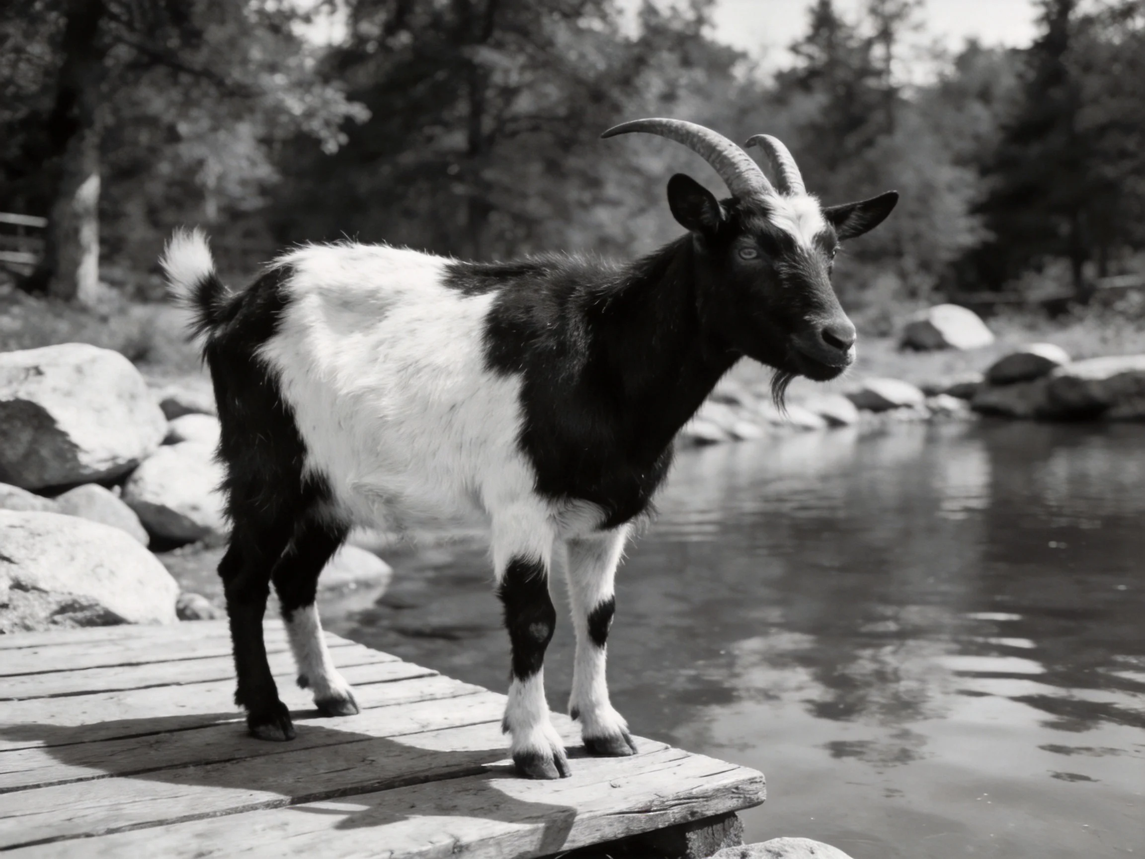 A black- and - white goat stands on a wooden dock by calm water