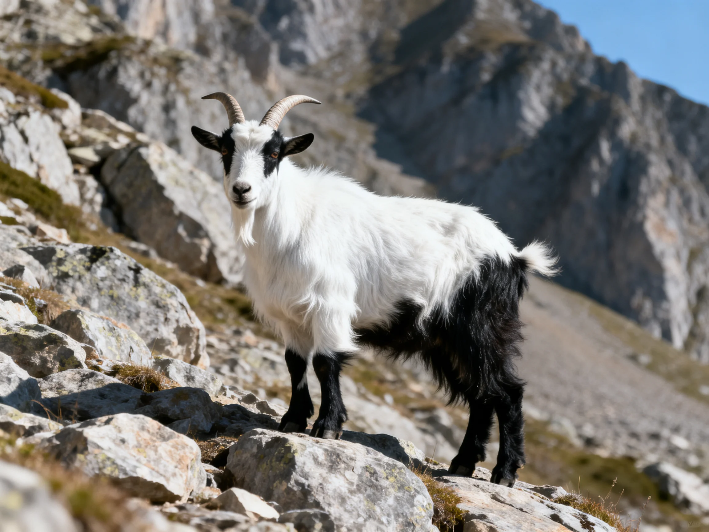 A black - and - white goat stands on rugged mountain rocks
