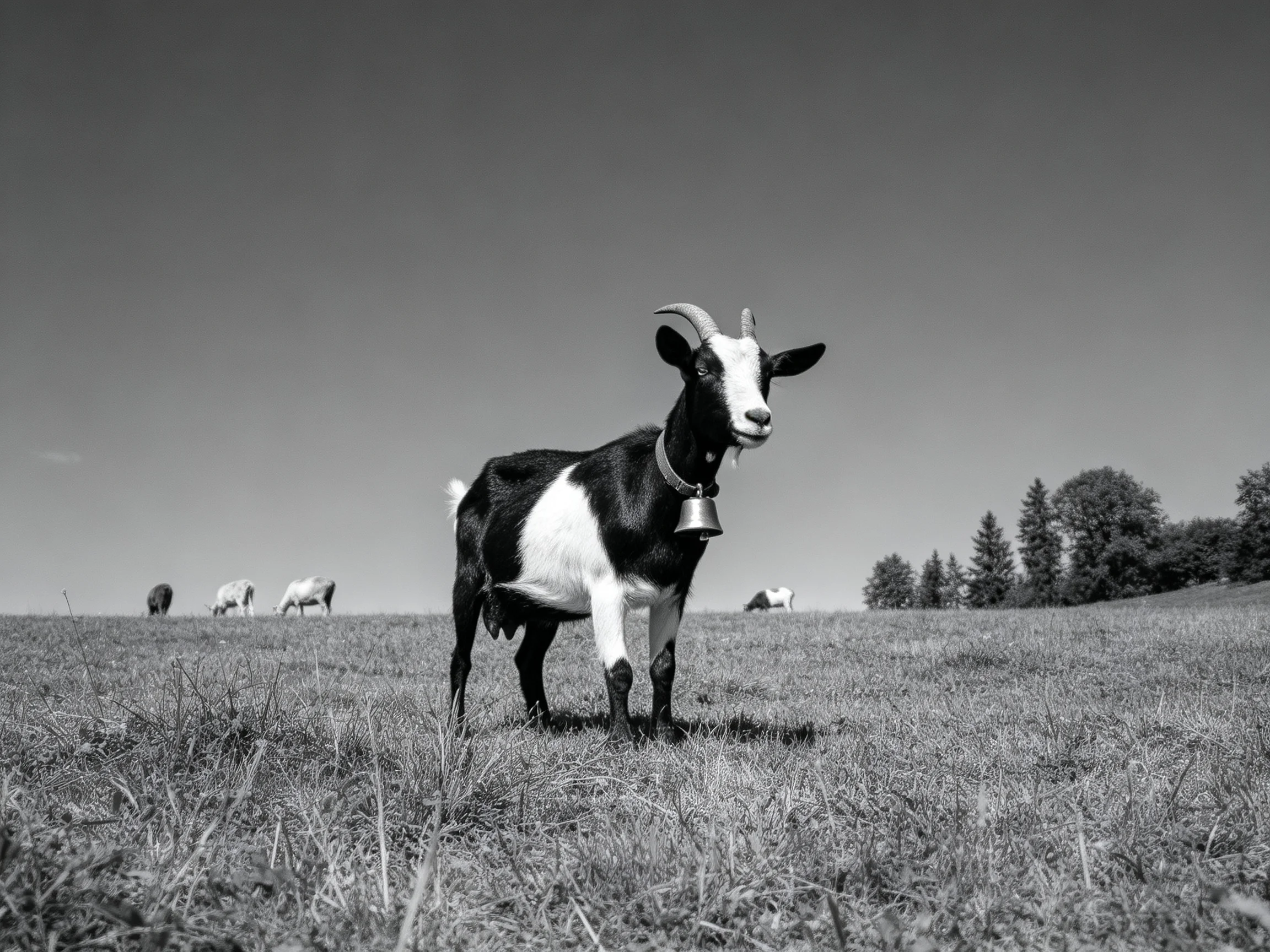 A black-and-white goat with a bell stands in an open grassland