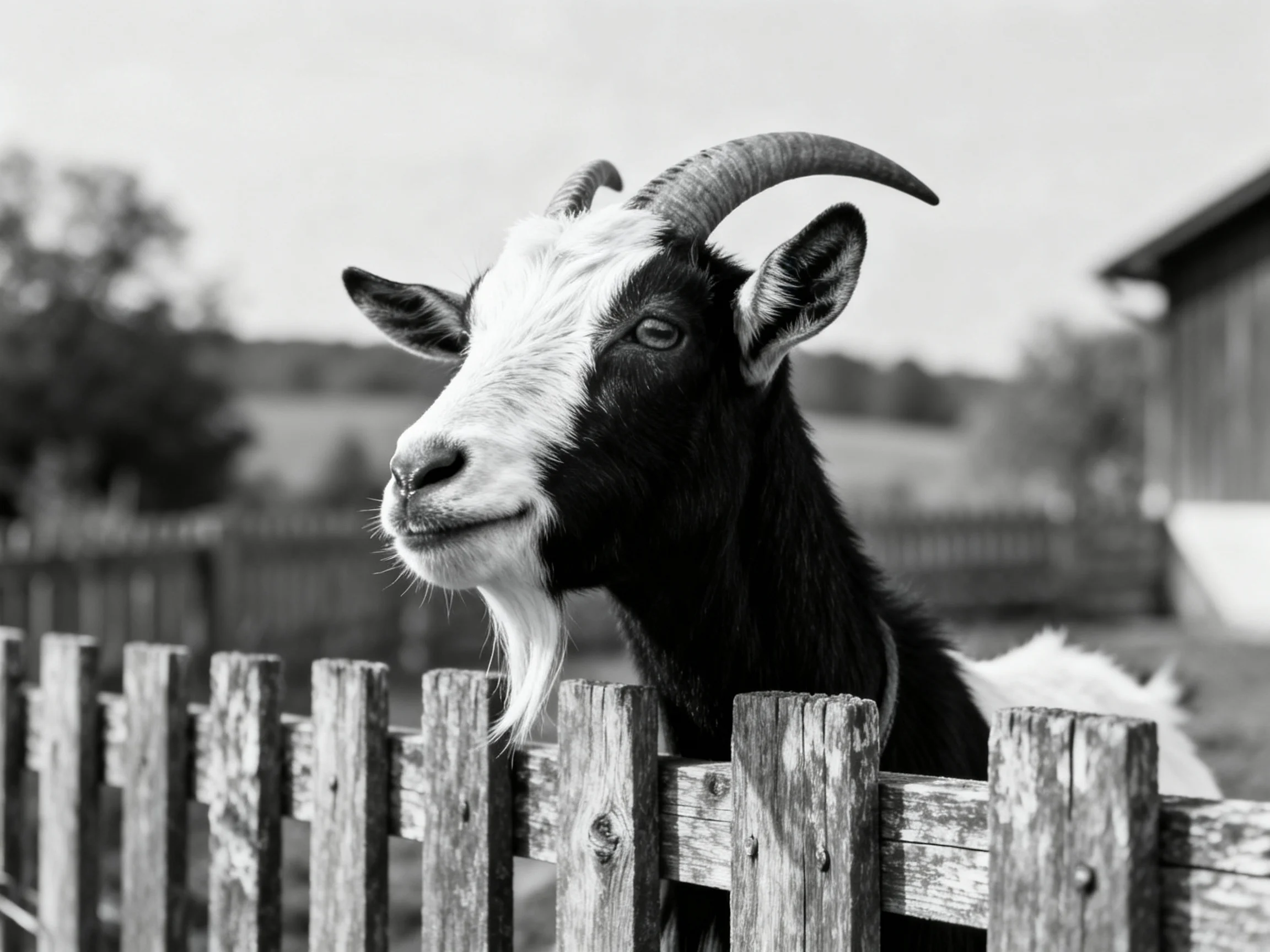 A black-and-white goat with curved horns peers over an aged wooden fence