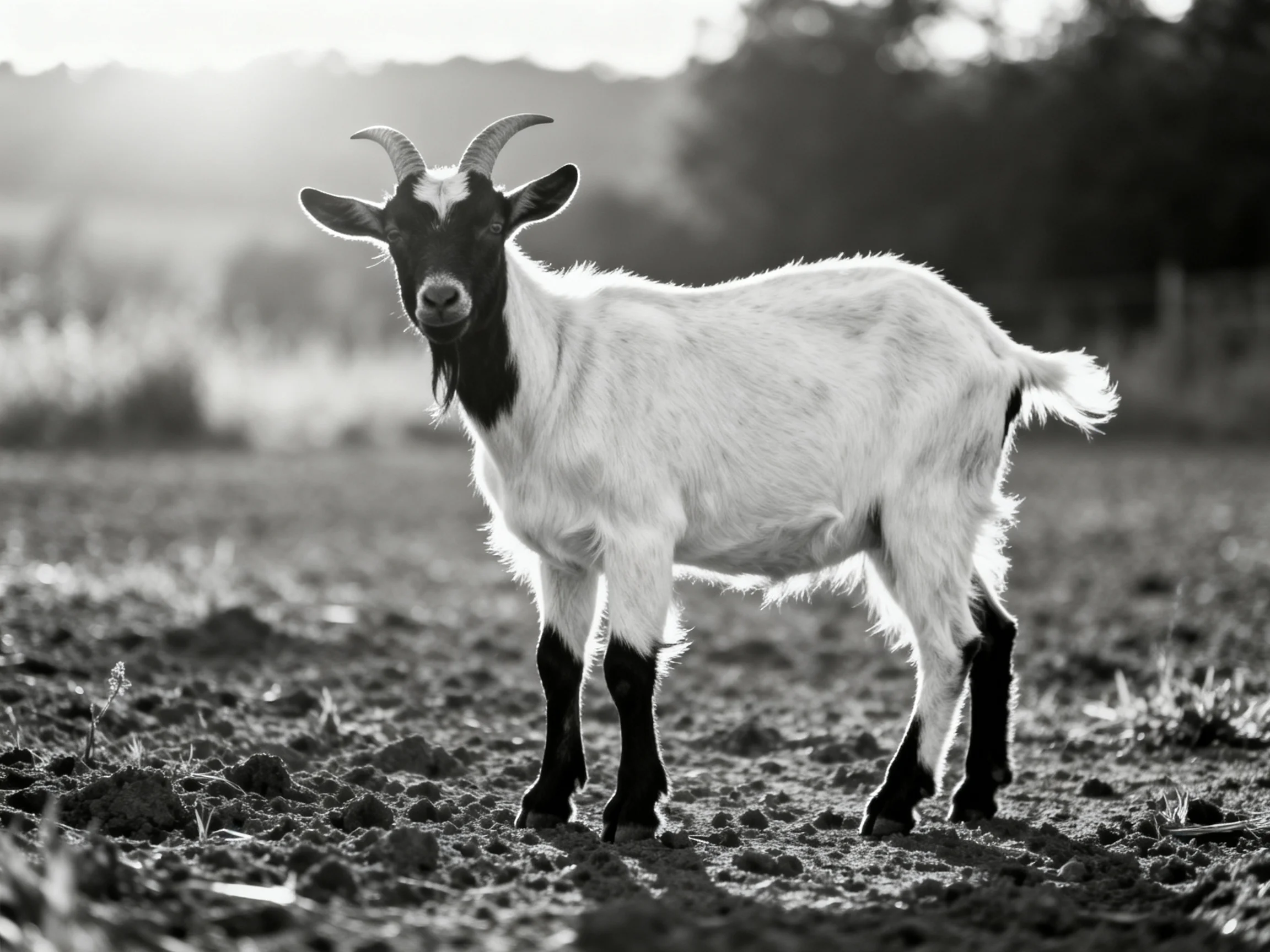 A black-and-white goat with curved horns stands in an open field