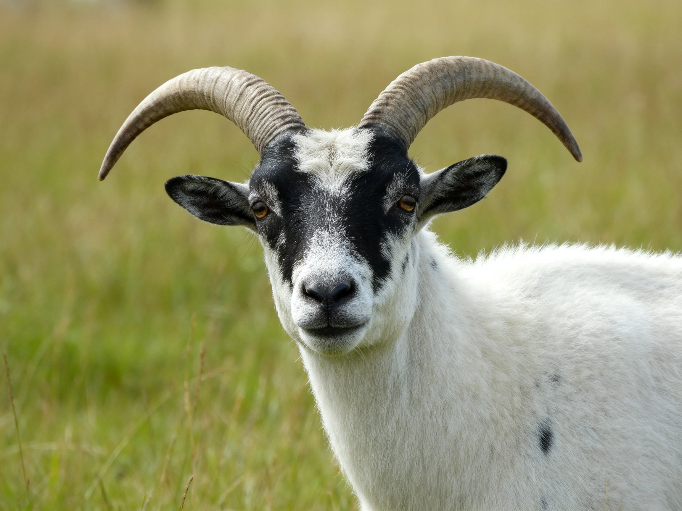 A black-and-white goat with large curved horns in a grassy field