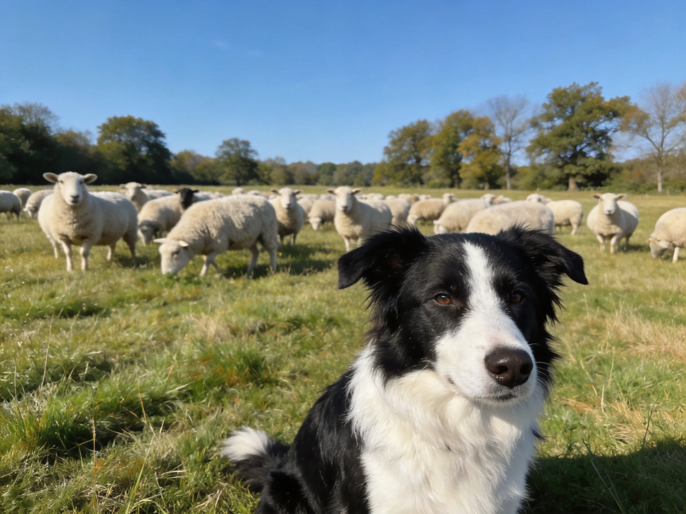 A black-and-white herding dog near grazing sheep in an open meadow