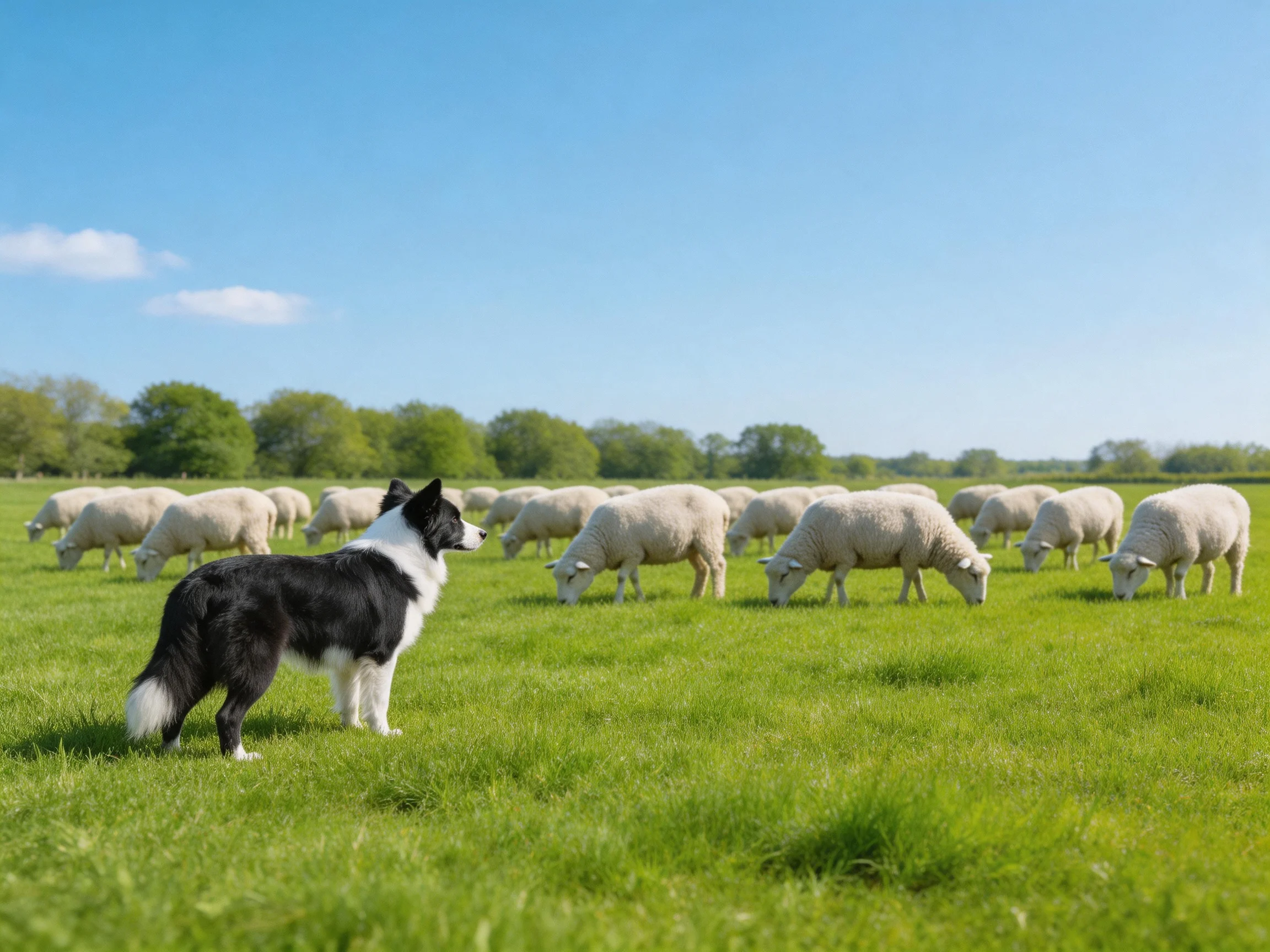 A black-and-white herding dog oversees a flock of white sheep in a green pasture