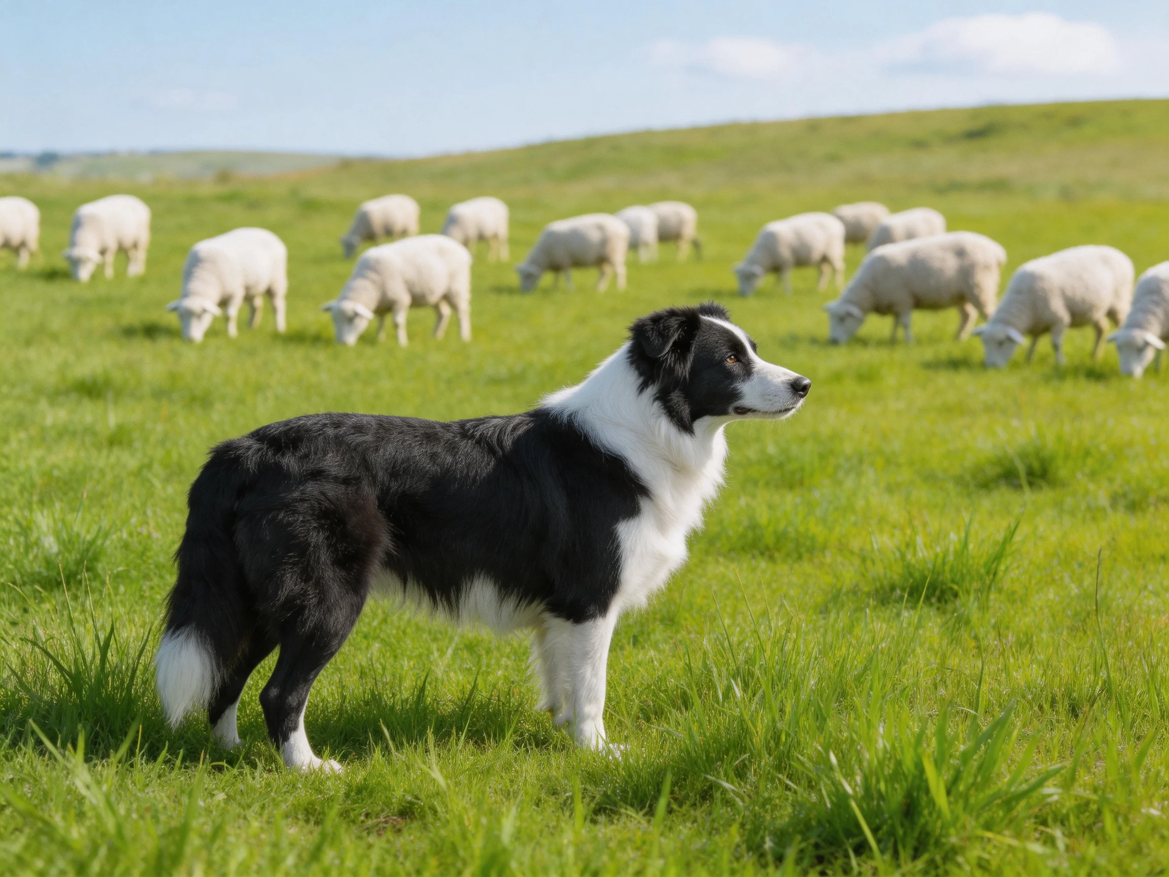 A black-and-white herding dog watches sheep in a lush green pasture