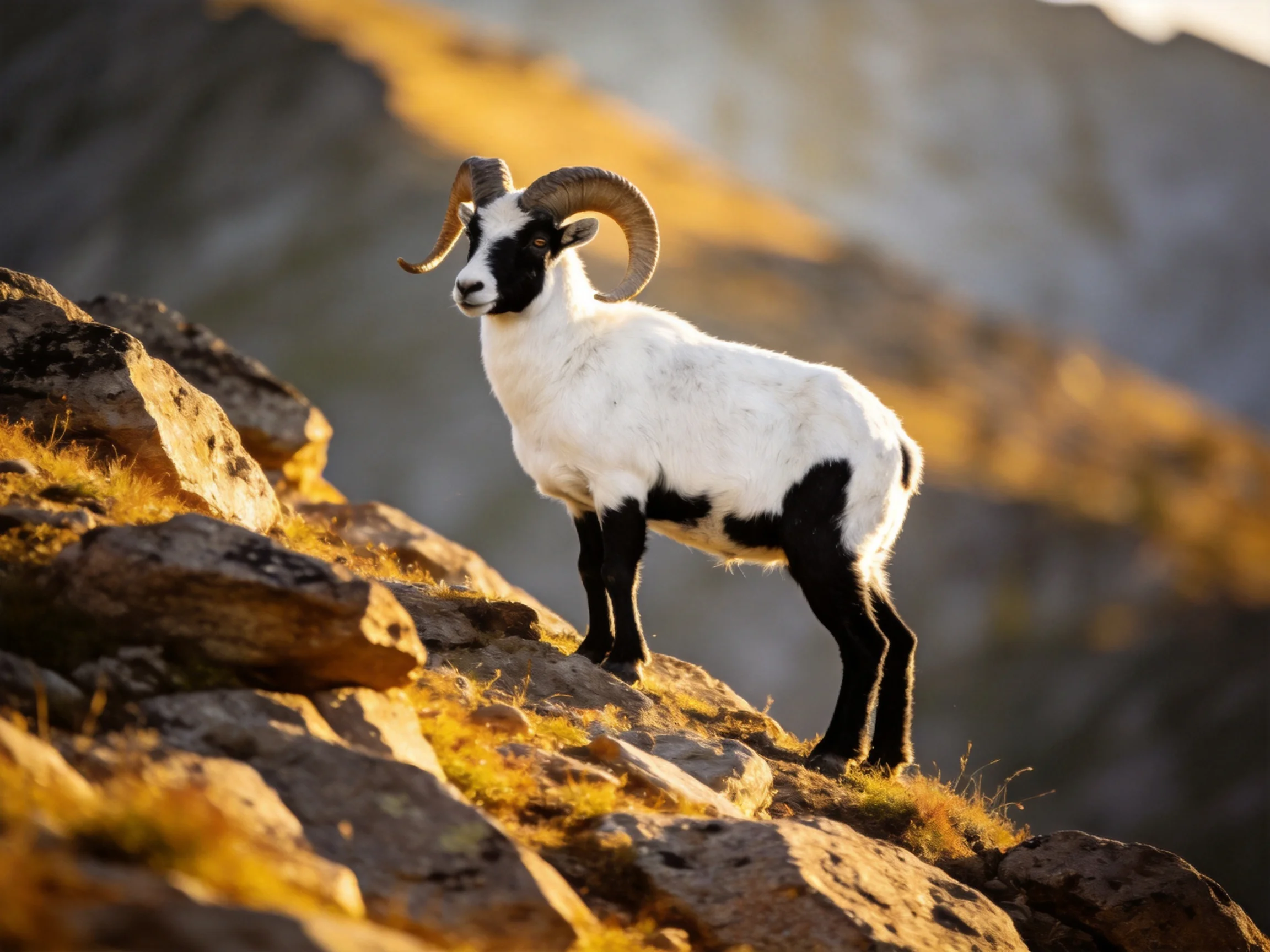 A black-and-white horned goat stands on sunlit rocky slopes