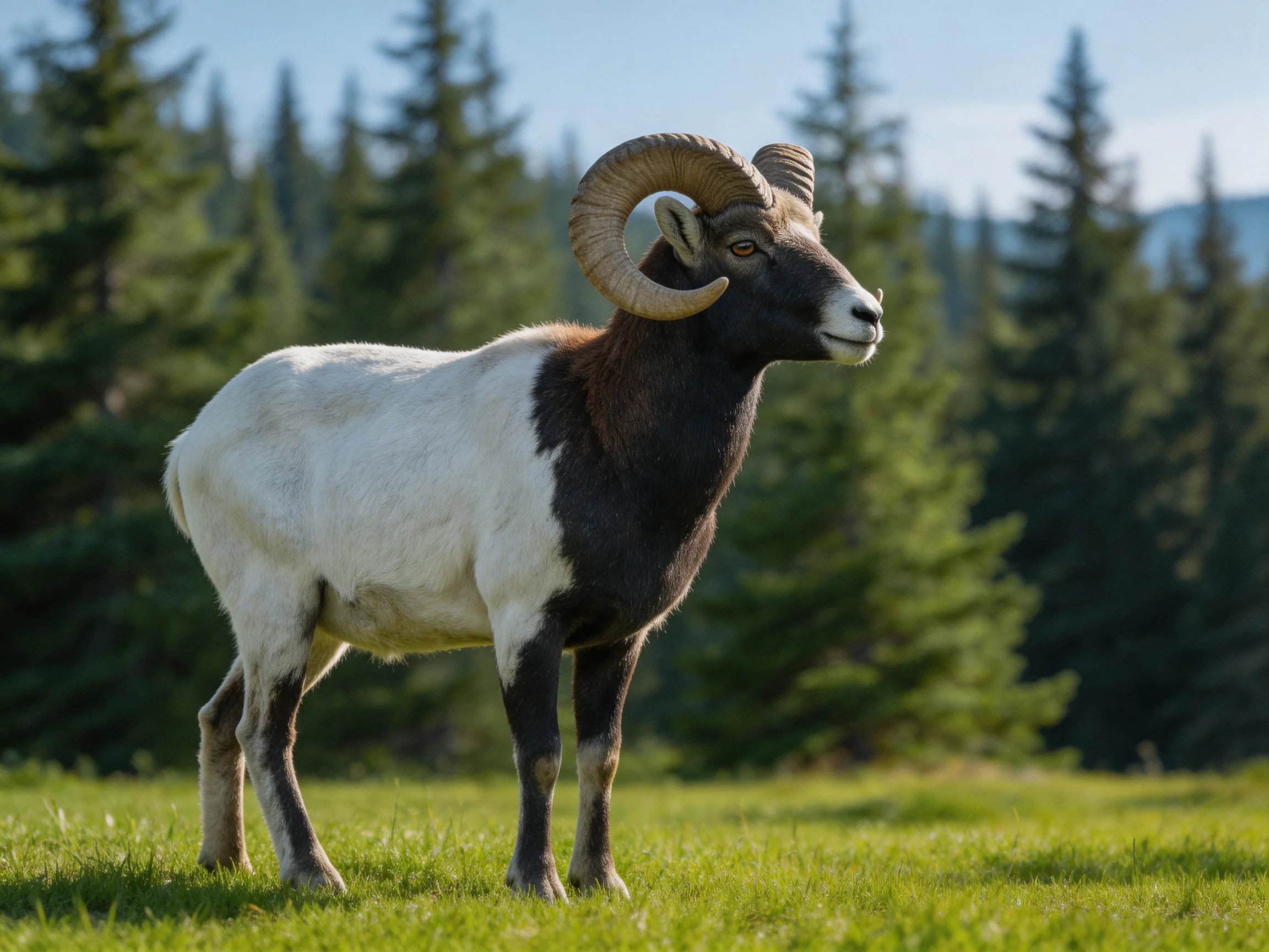 A black-and-white horned ram with large curved horns in a forest clearing