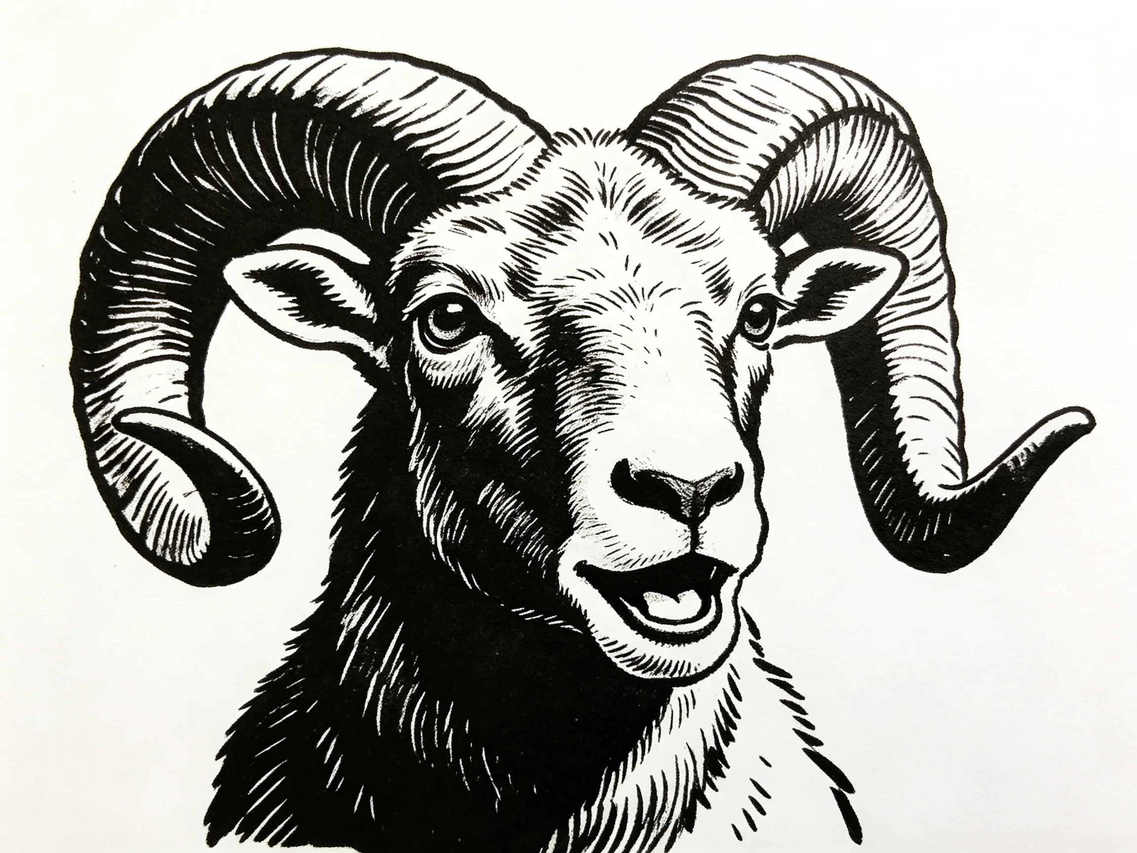 A black and white illustration of a ram with prominent curved horns.