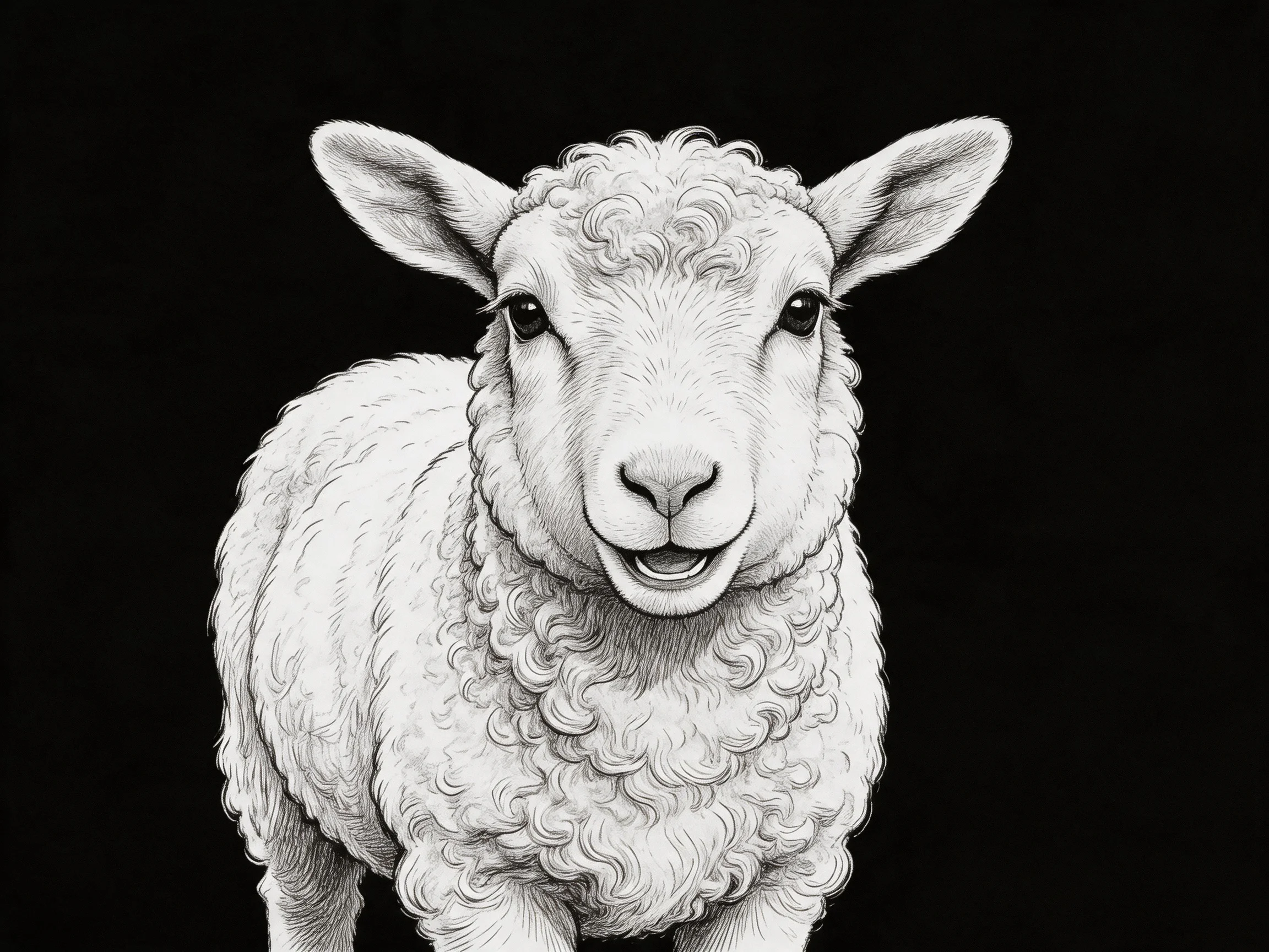 A black-and-white illustration of a smiling sheep with curly wool