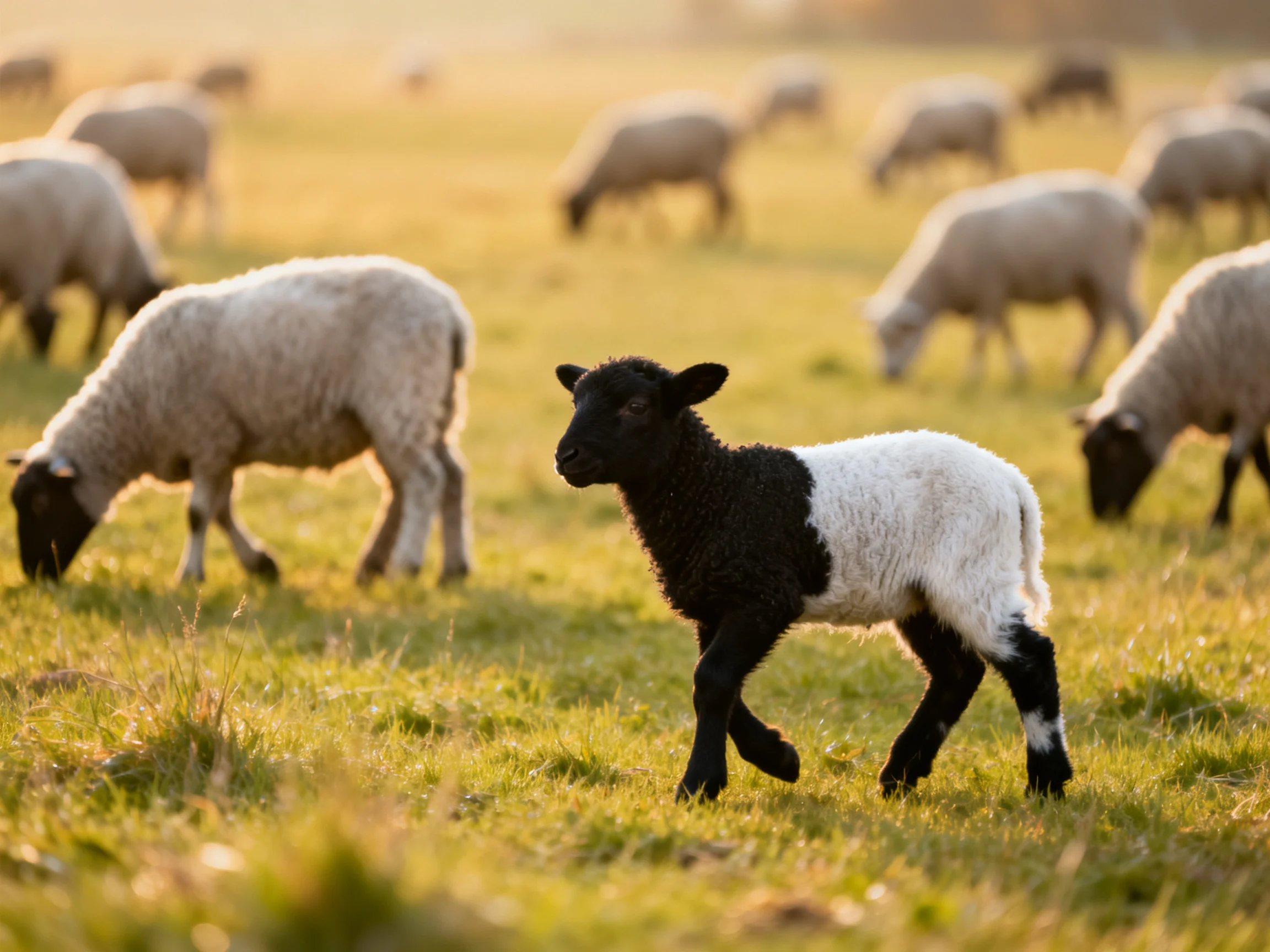A black-and-white lamb amid grazing sheep in a sunlit meadow