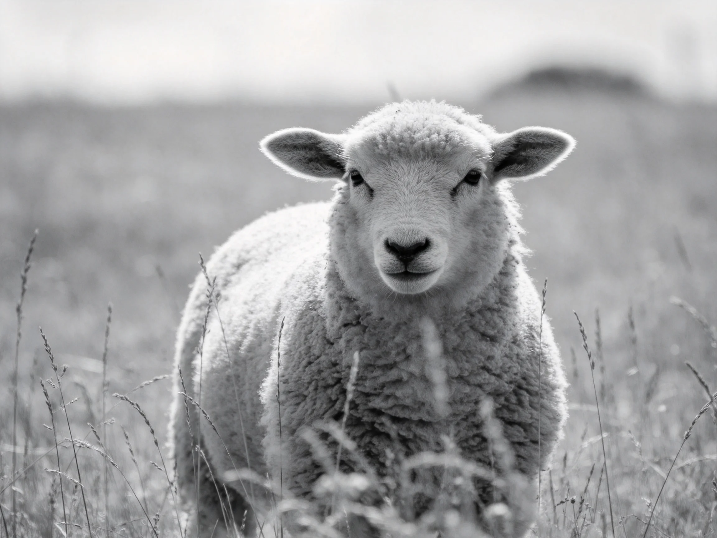 A black and white lamb in a grassy field with tall grasses