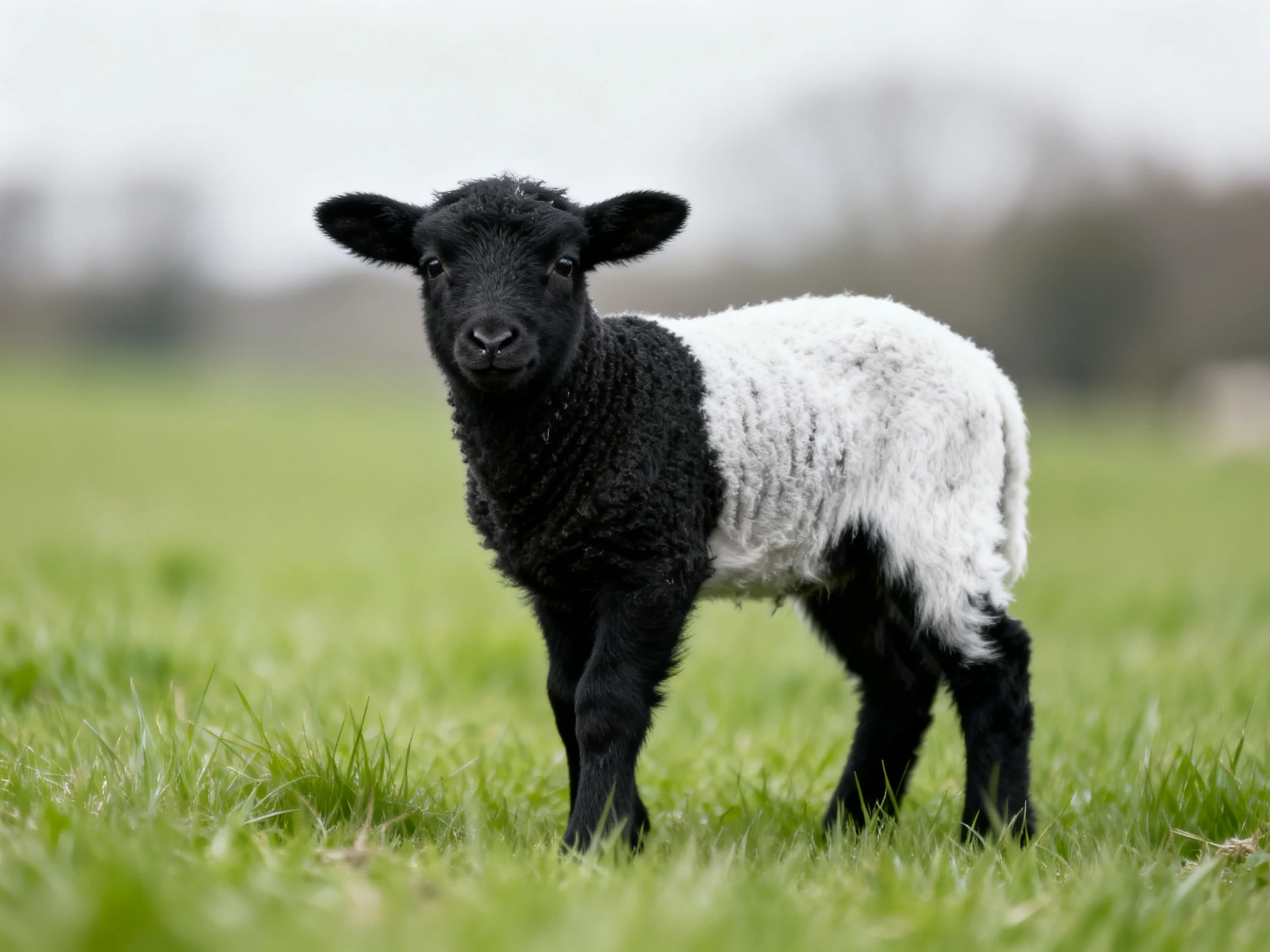 A black-and-white lamb in a green meadow