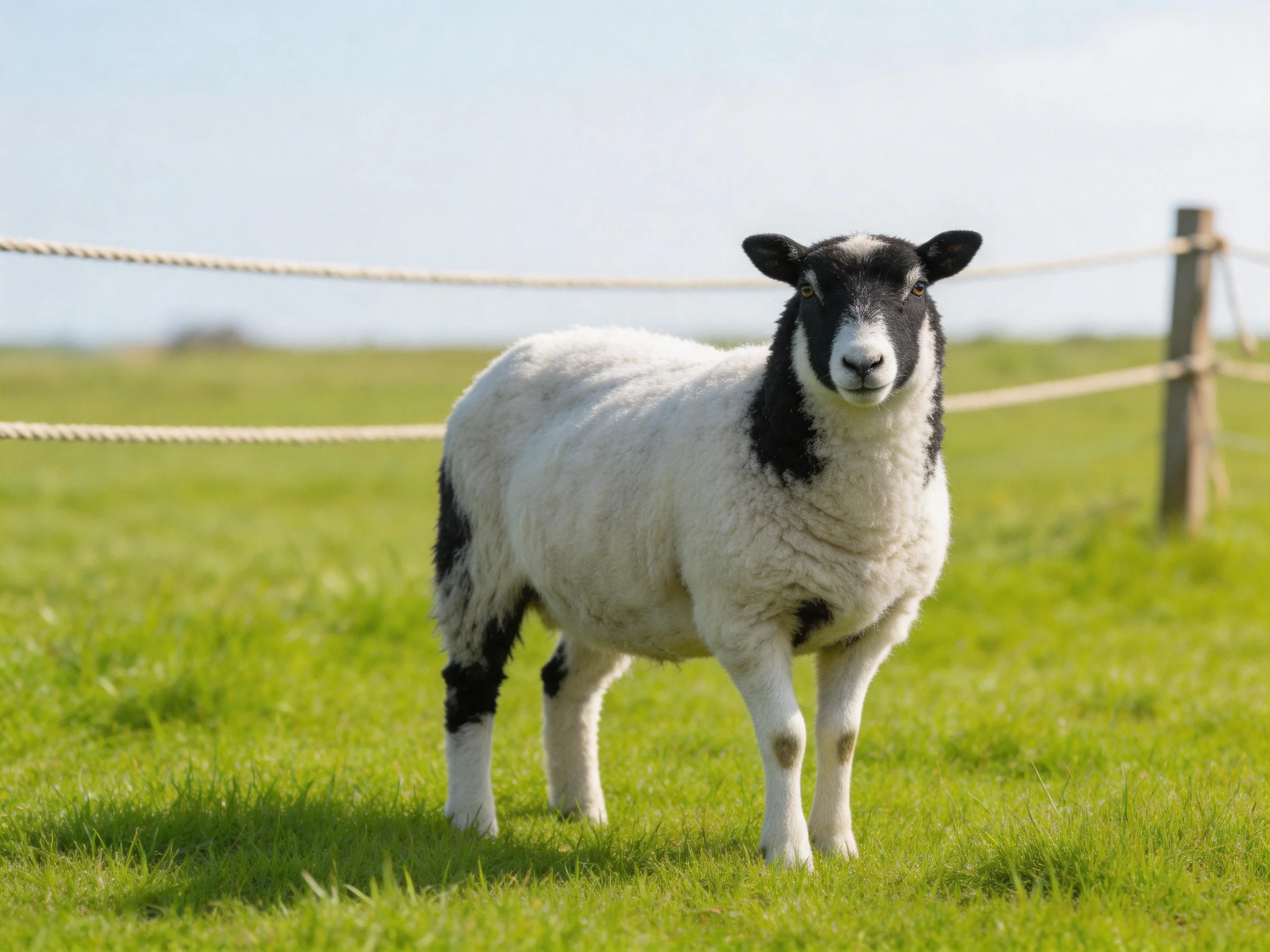 A black - and - white lamb in a green pasture with a rope fence