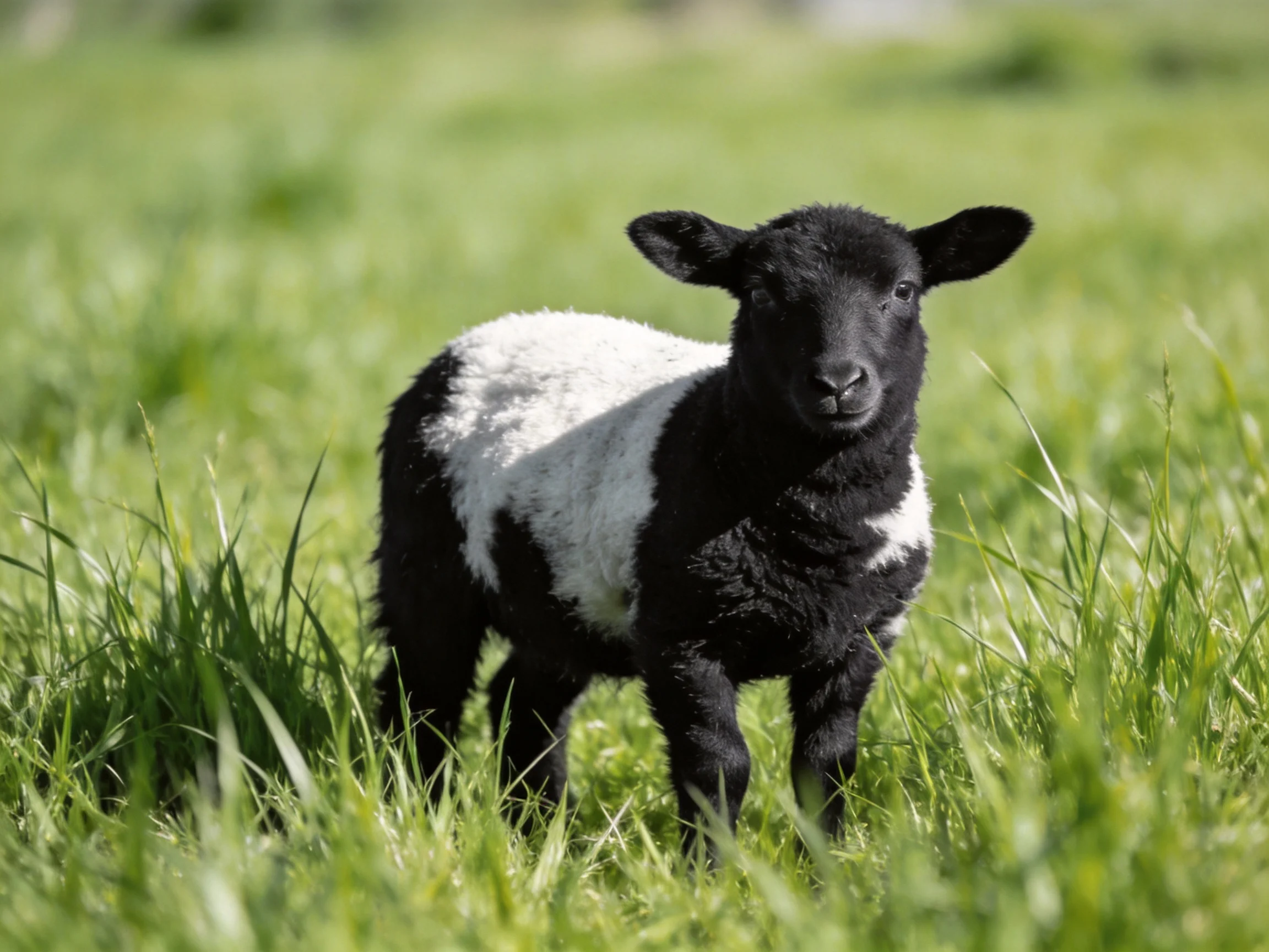A black-and-white lamb in a lush green grassy field